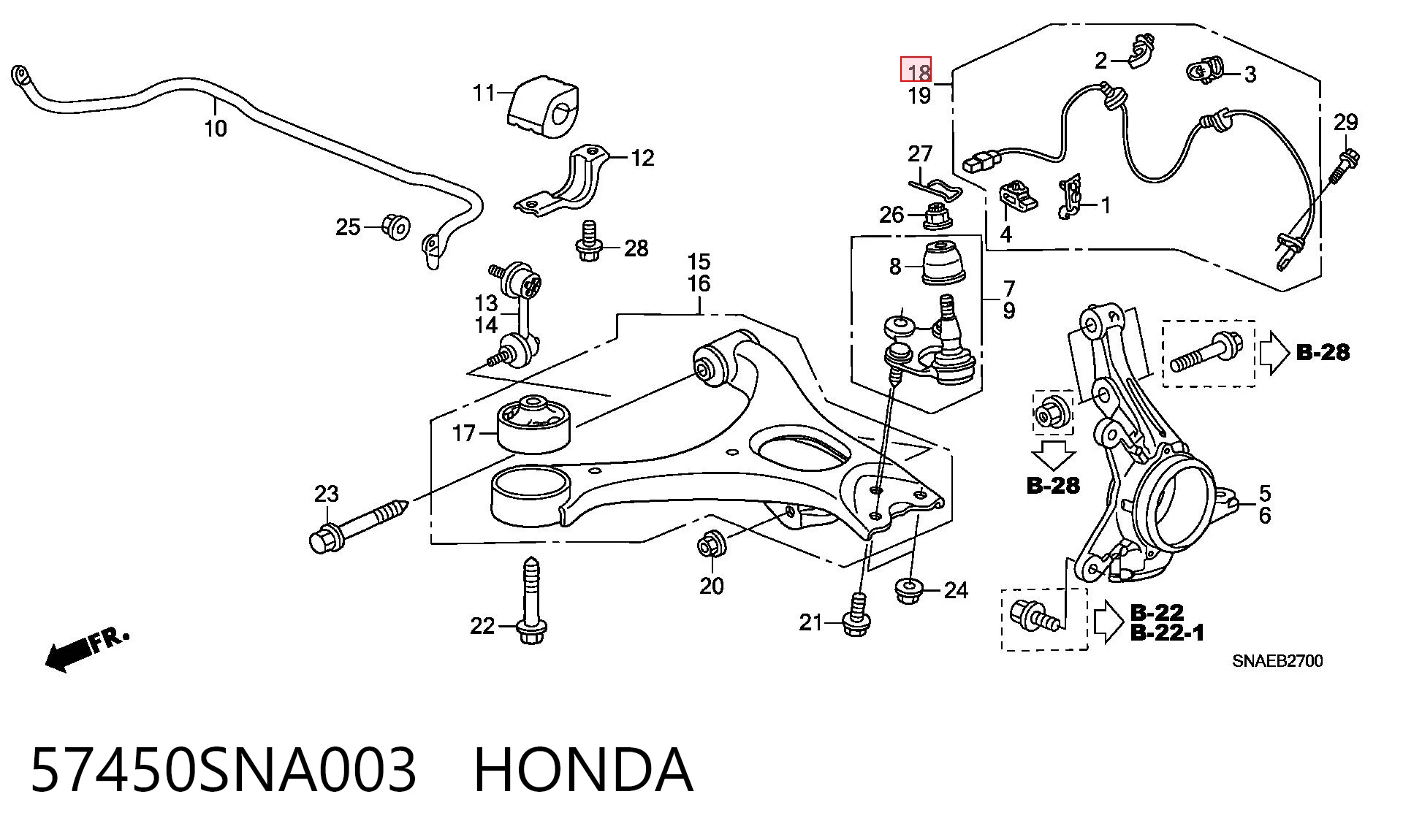 57450SNA003 Honda Датчик АБС (ABC) передній, правий