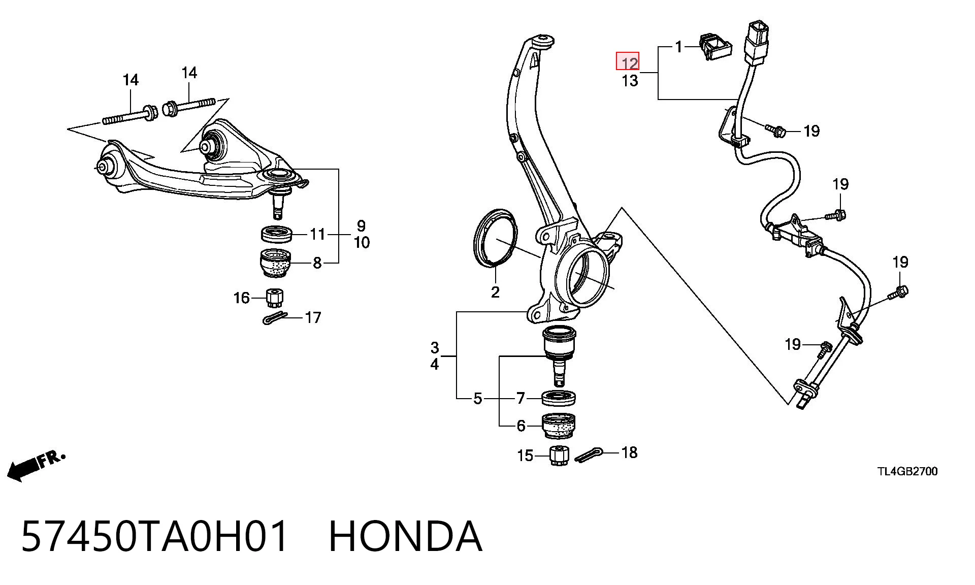 57450TA0H01 Honda Датчик АБС (ABC) передній, правий