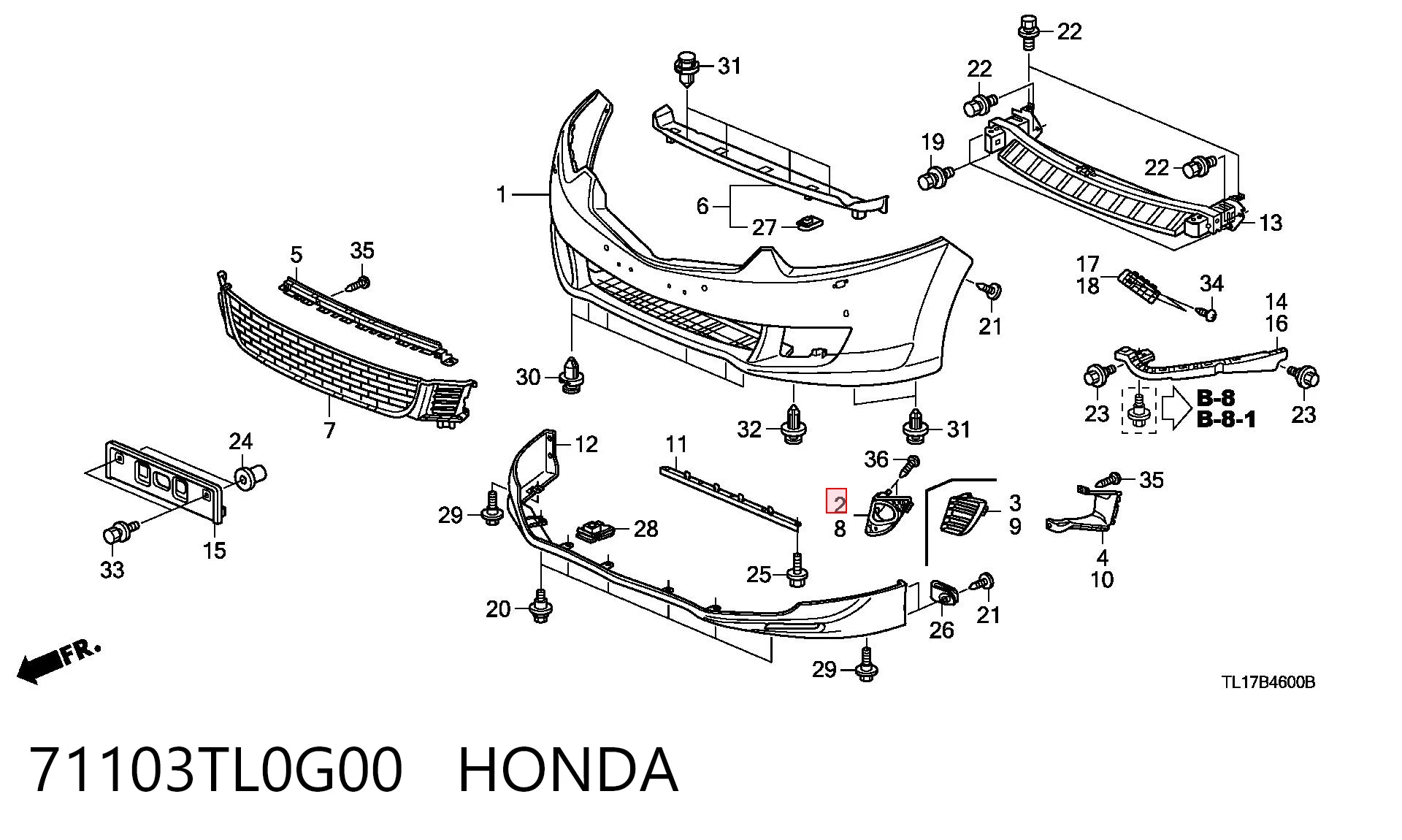 71103TL0G00 Honda Заглушка, решітка протитуманних фар бампера переднього, права