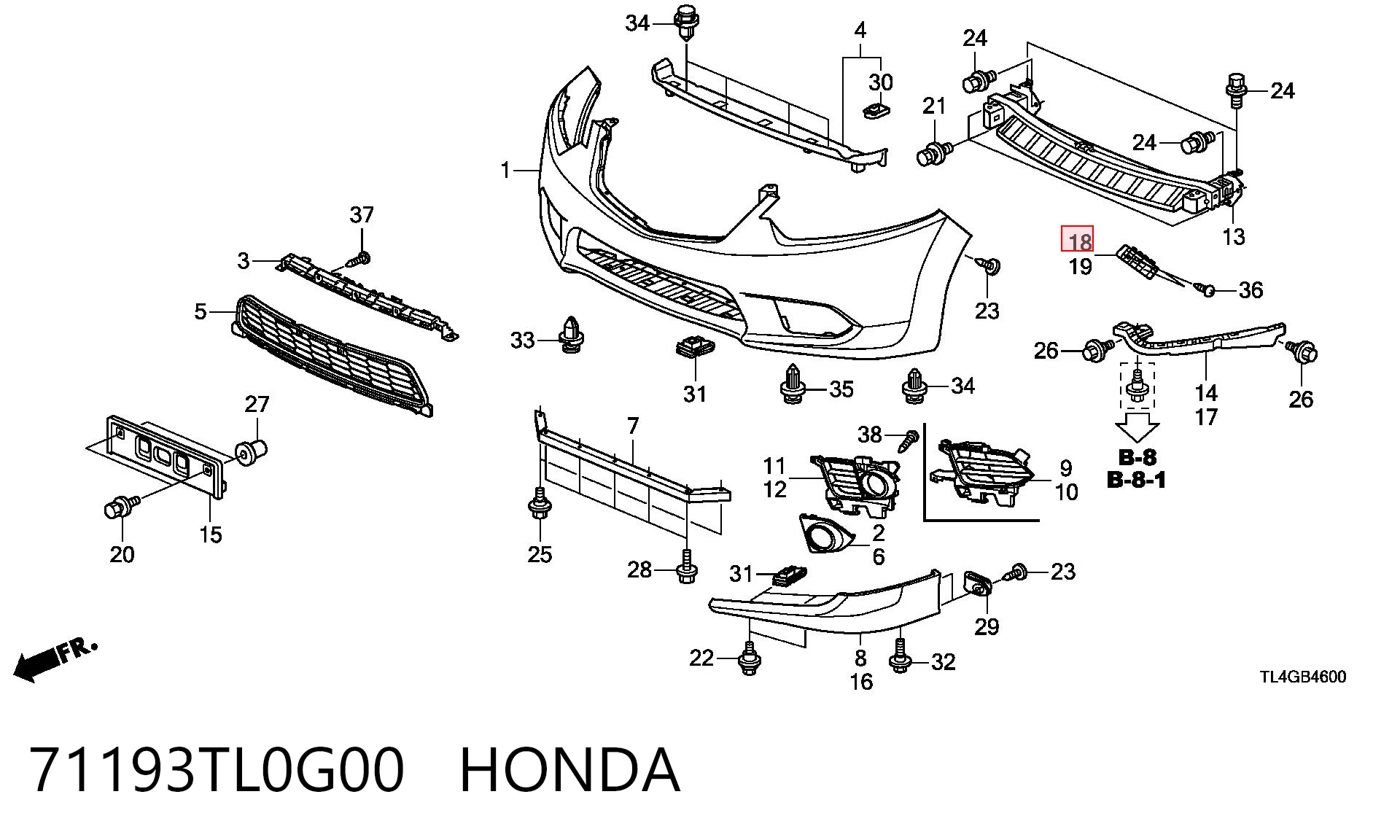 71193TL0G00 Honda Направляюча переднього бампера, права