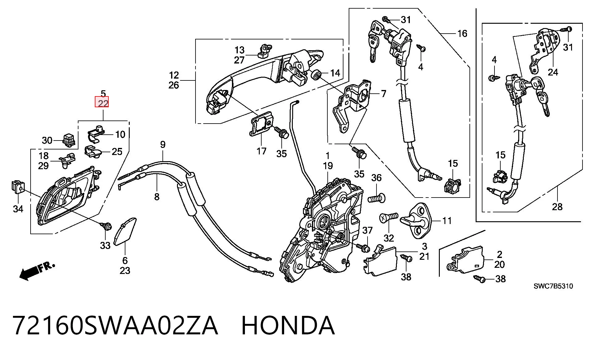 72160SWAA02ZA Honda Ручка передніх дверей внутрішня, ліва