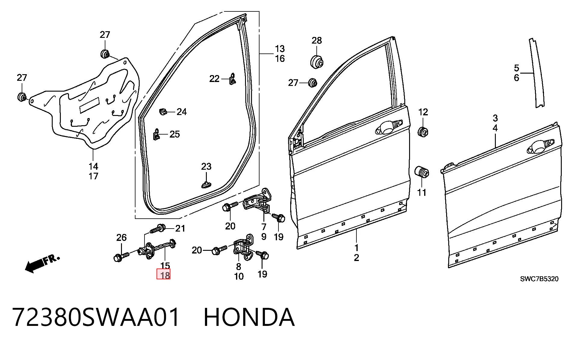 72380SWAA01 Honda Обмежувач відкриття дверей, передній лівий