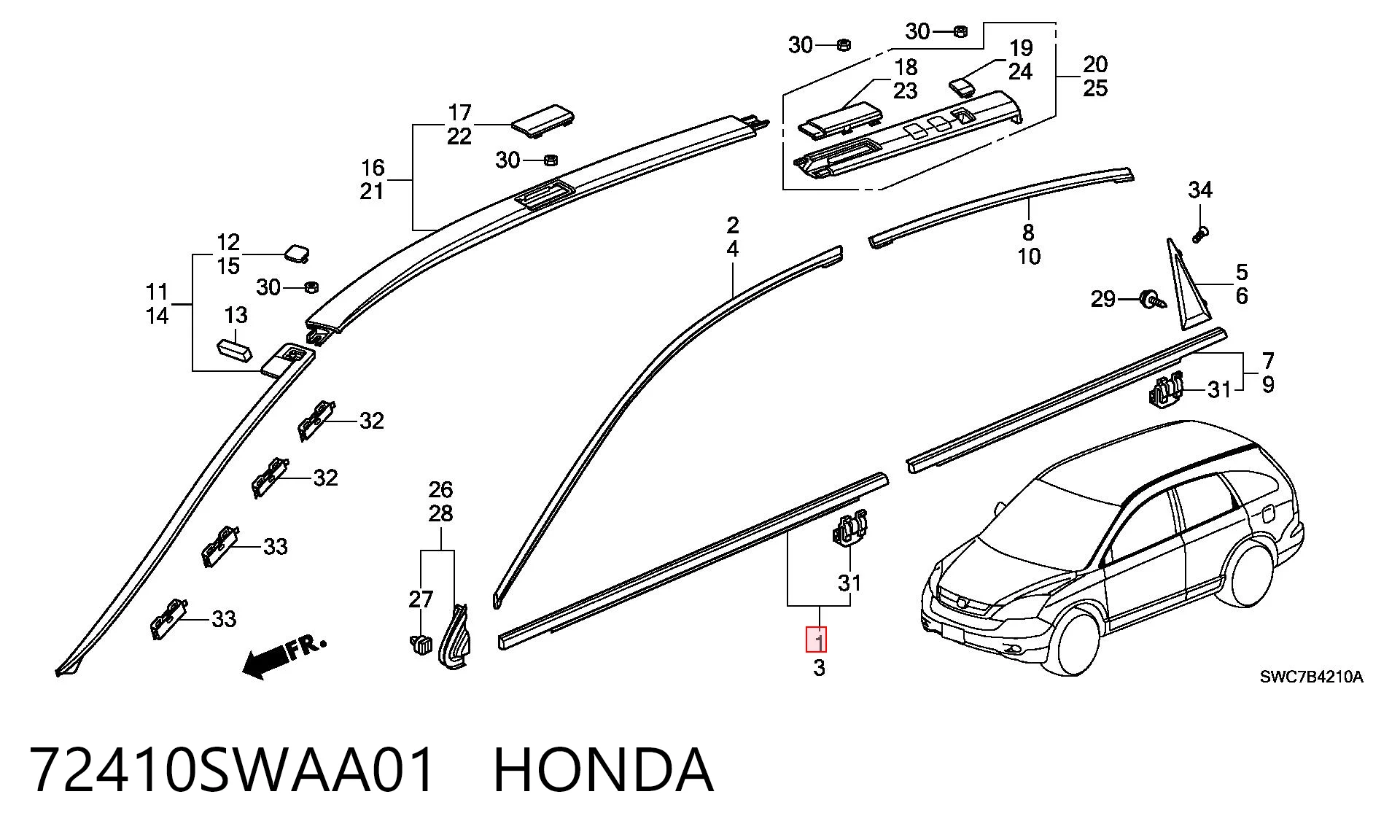 72410SWAA01 Honda Молдинг опускного скла нижній, двері передньої, правої