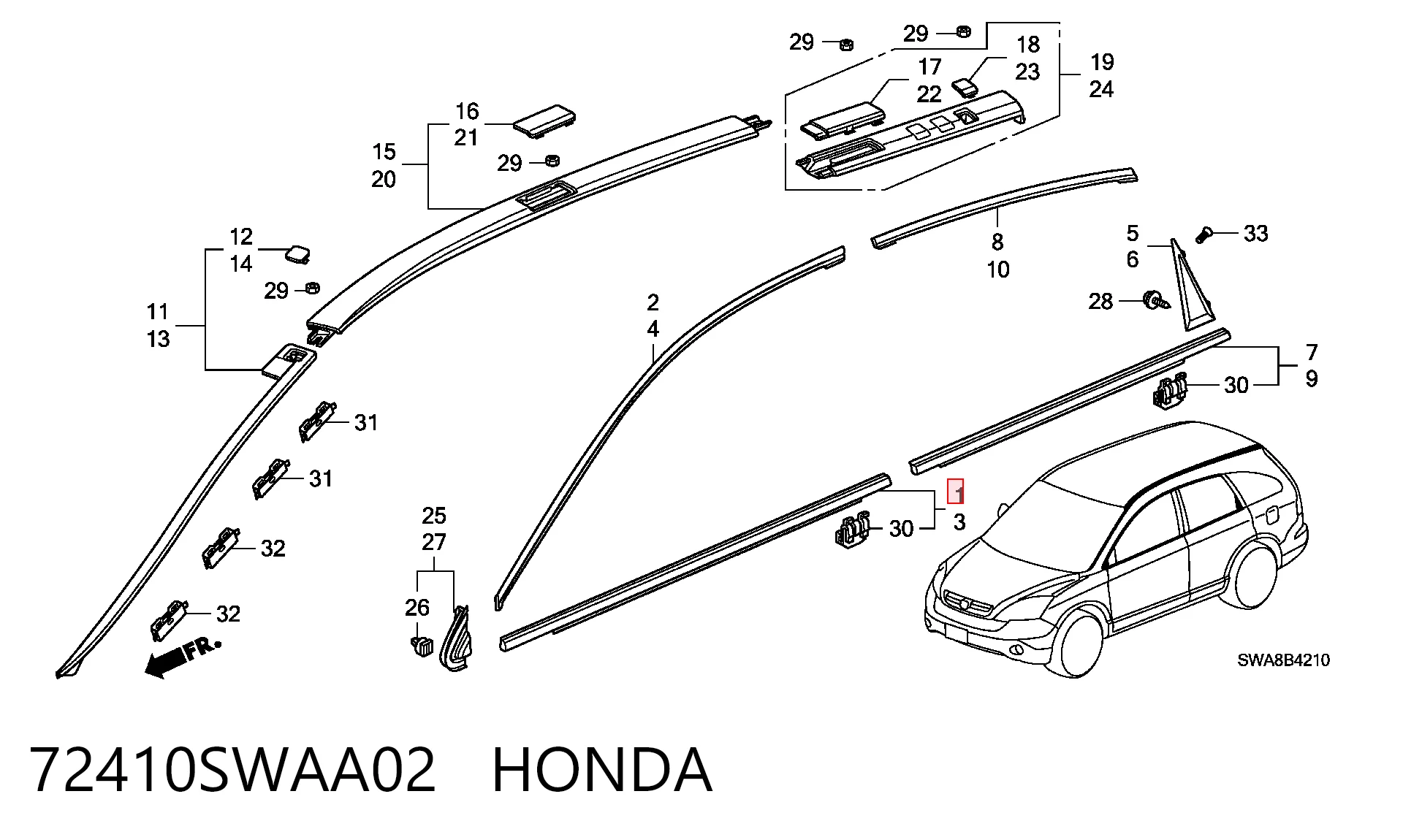 72410SWAA02 Honda Молдинг опускного скла нижній, двері передньої, правої