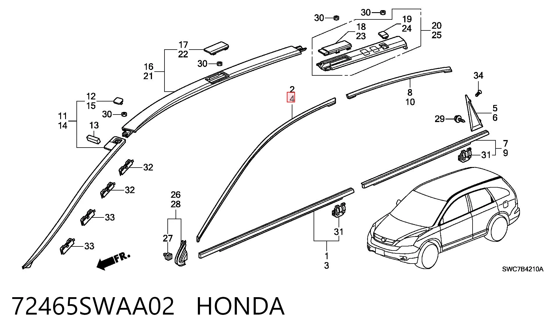72465SWAA02 Honda Молдинг передніх лівих дверей, верхній