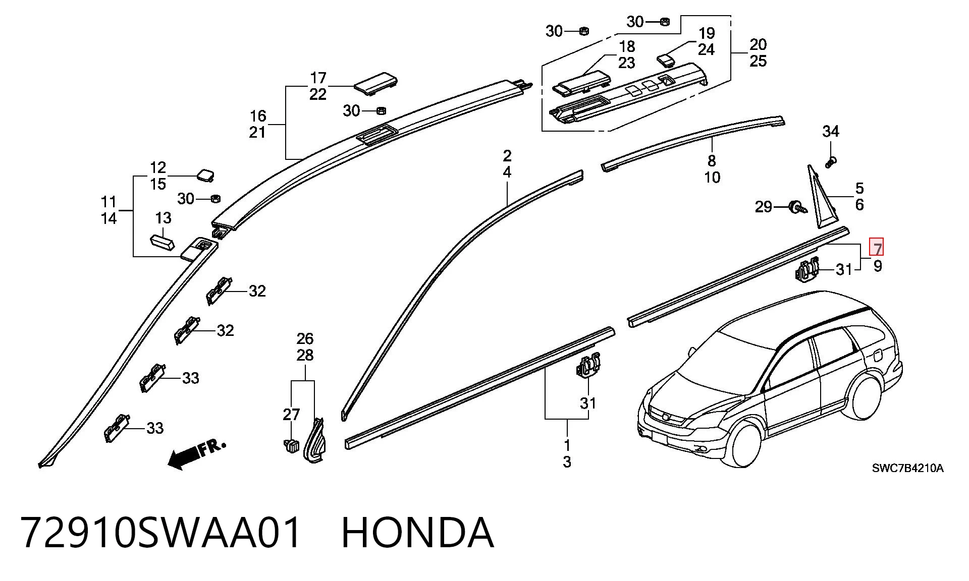 72910SWAA01 Honda Молдинг опускного скла двері задньої, правої
