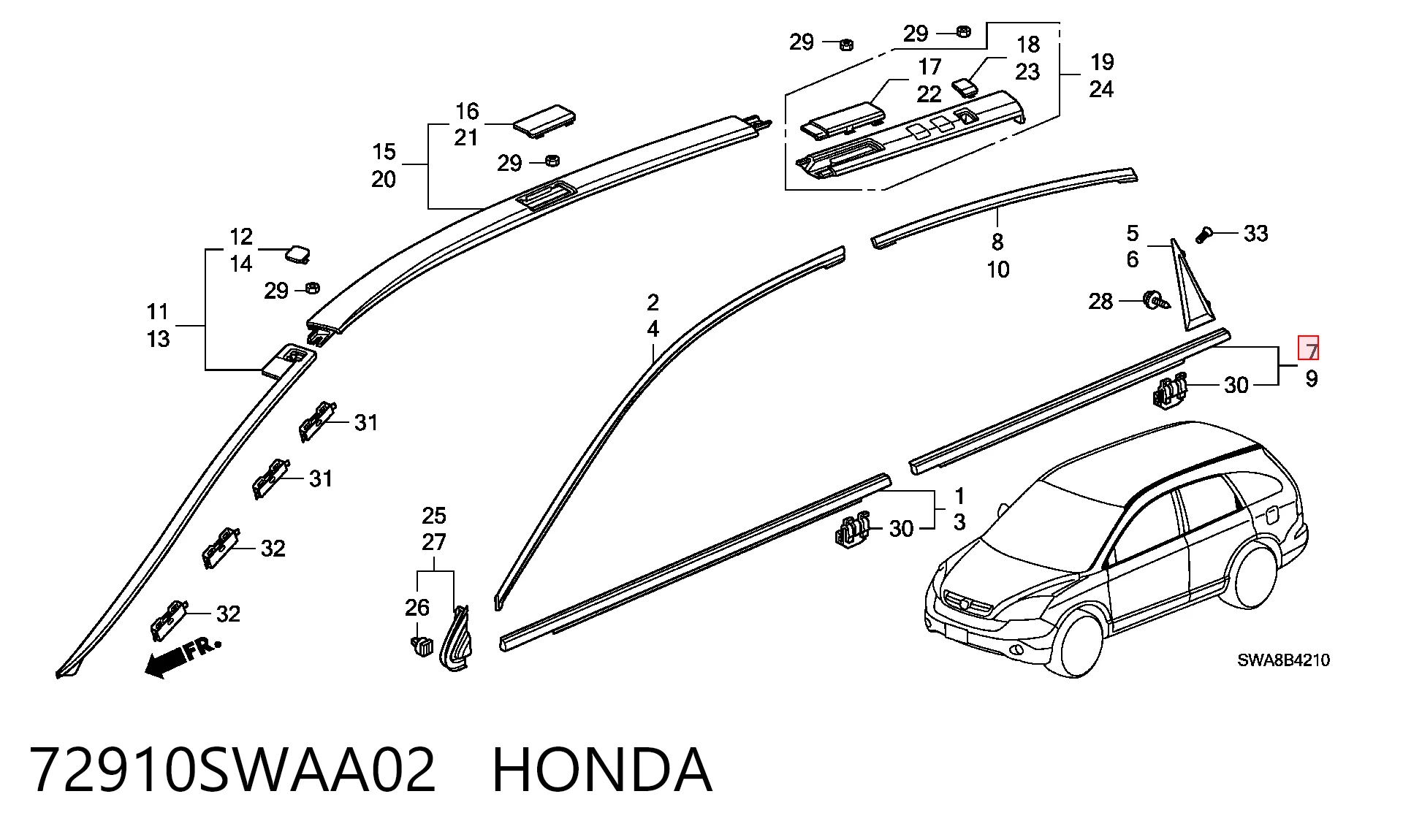 72910SWAA02 Honda Молдинг опускного скла двері задньої, правої