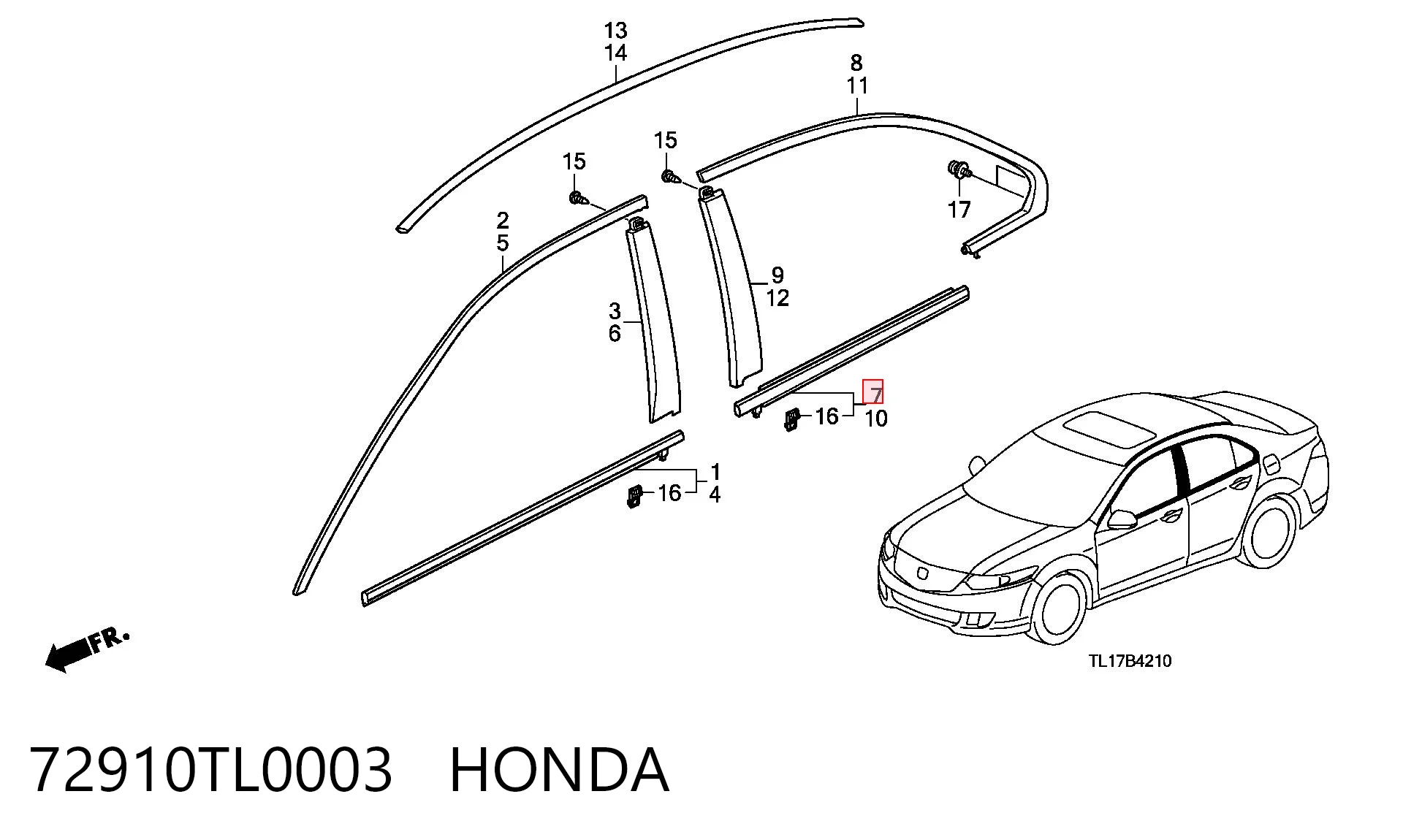 72910TL0003 Honda Молдинг опускного скла двері задньої, правої
