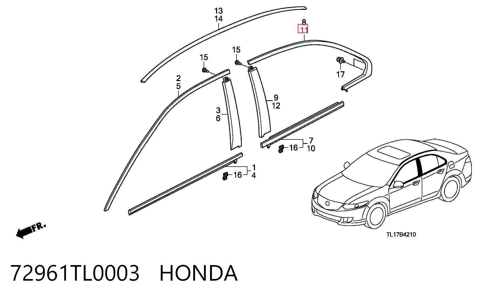 72961TL0003 Honda Молдинг задніх лівих дверей, верхній