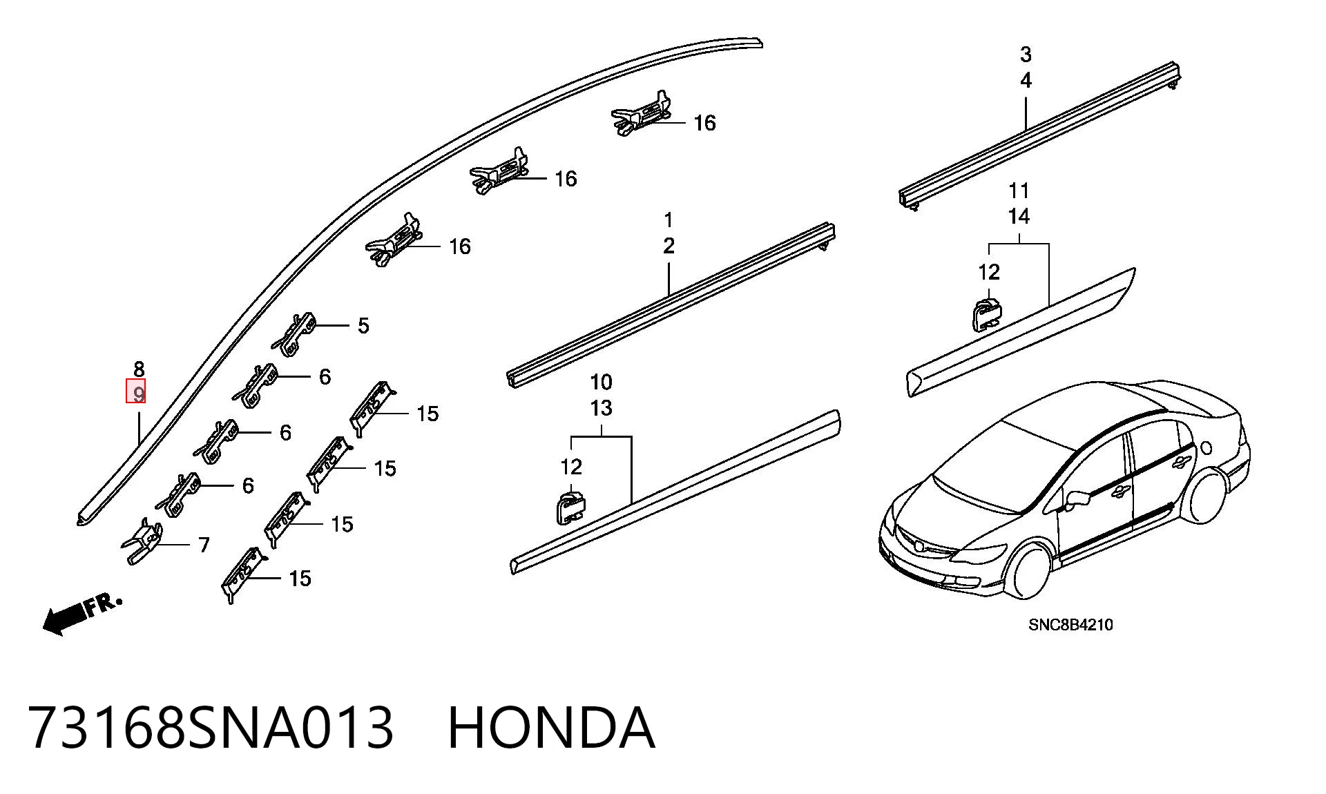 73168SNA013 Honda Молдинг даху, лівий