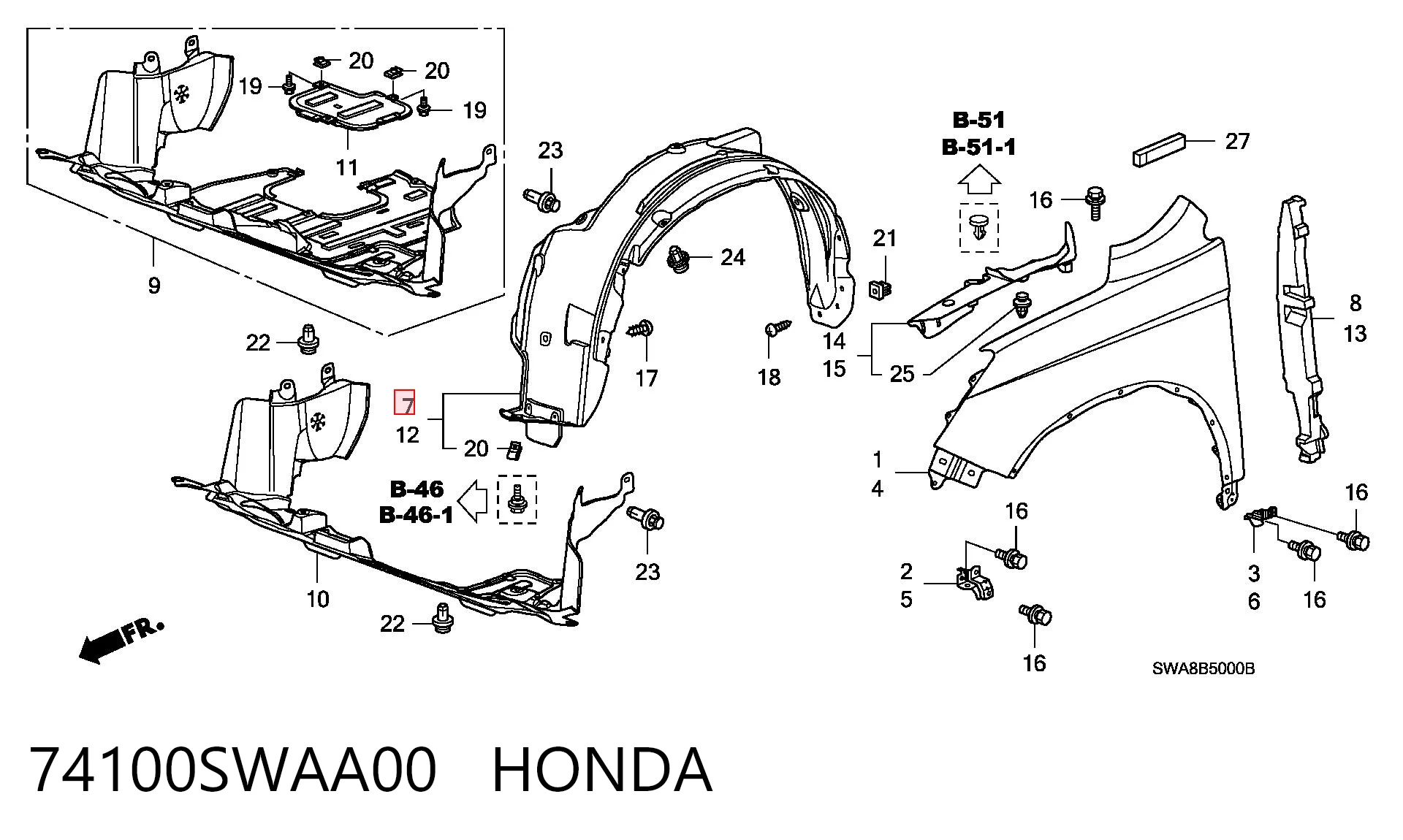 74100SWAA00 Honda Підкрилок переднього крила, правий