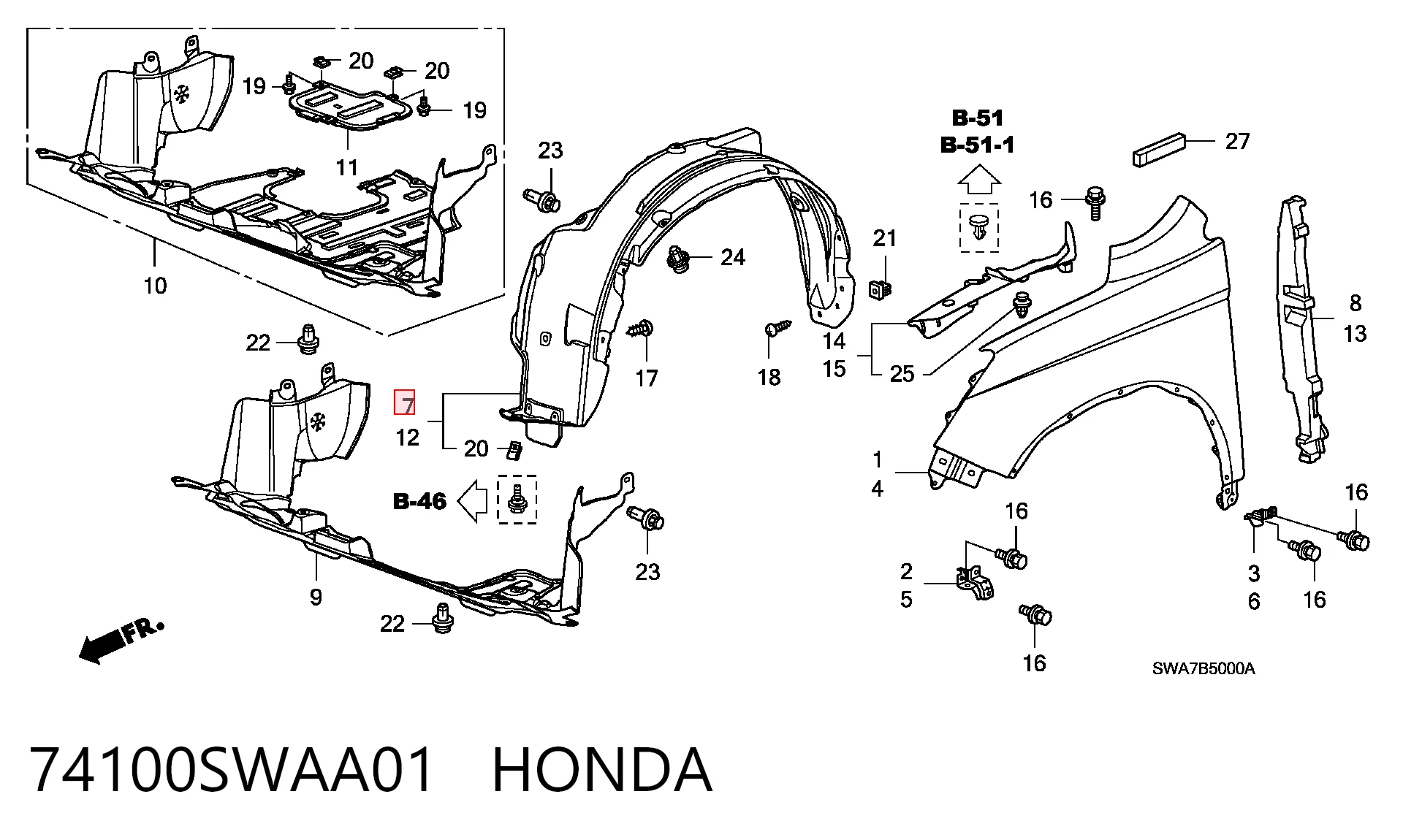74100SWAA01 Honda Підкрилок переднього крила, правий