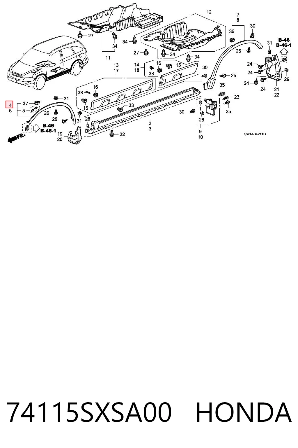 74115SXSA00 Honda Молдинг арки крила переднього, правий