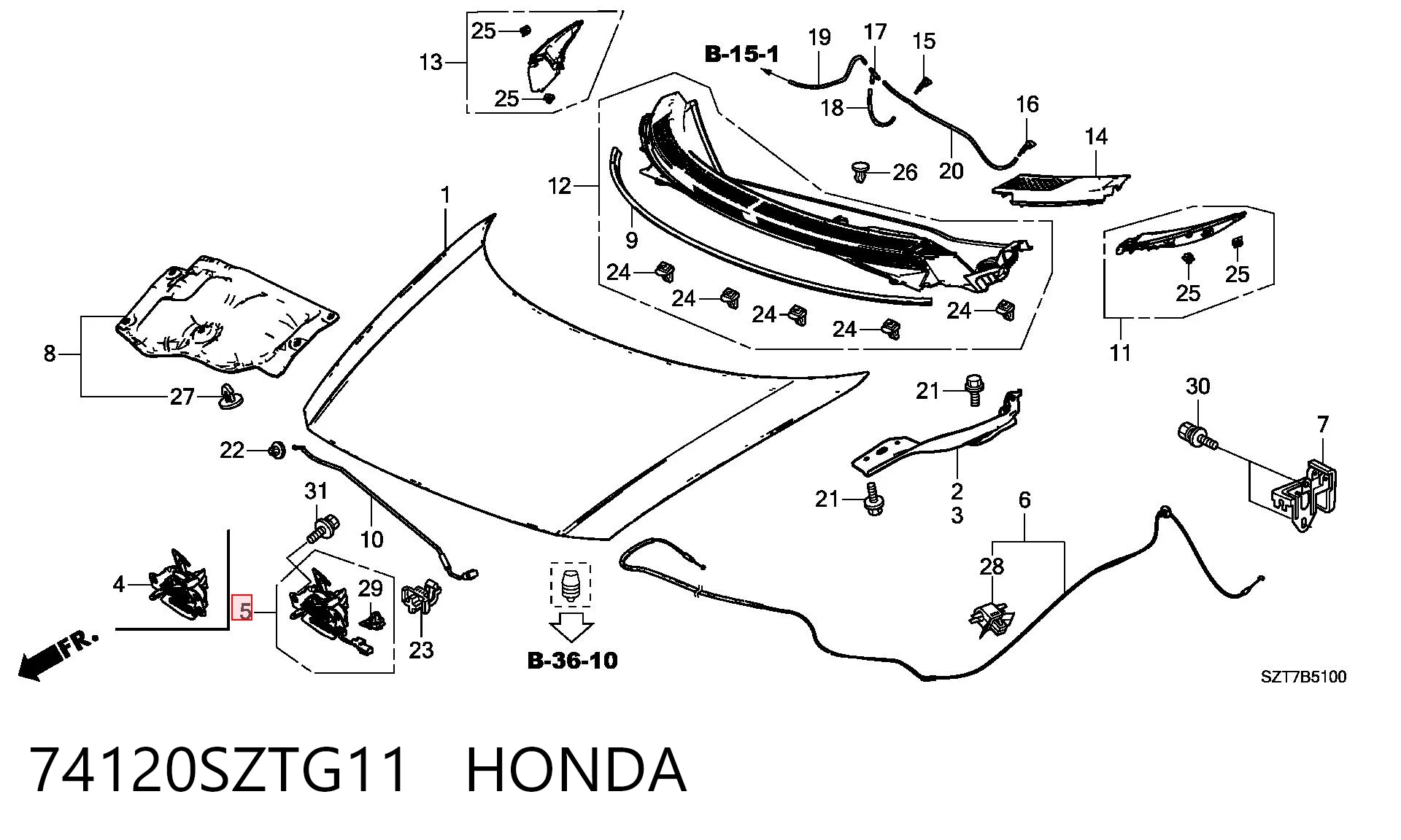 74120SZTG11 Honda Запор капота (замок і привід замка капота)