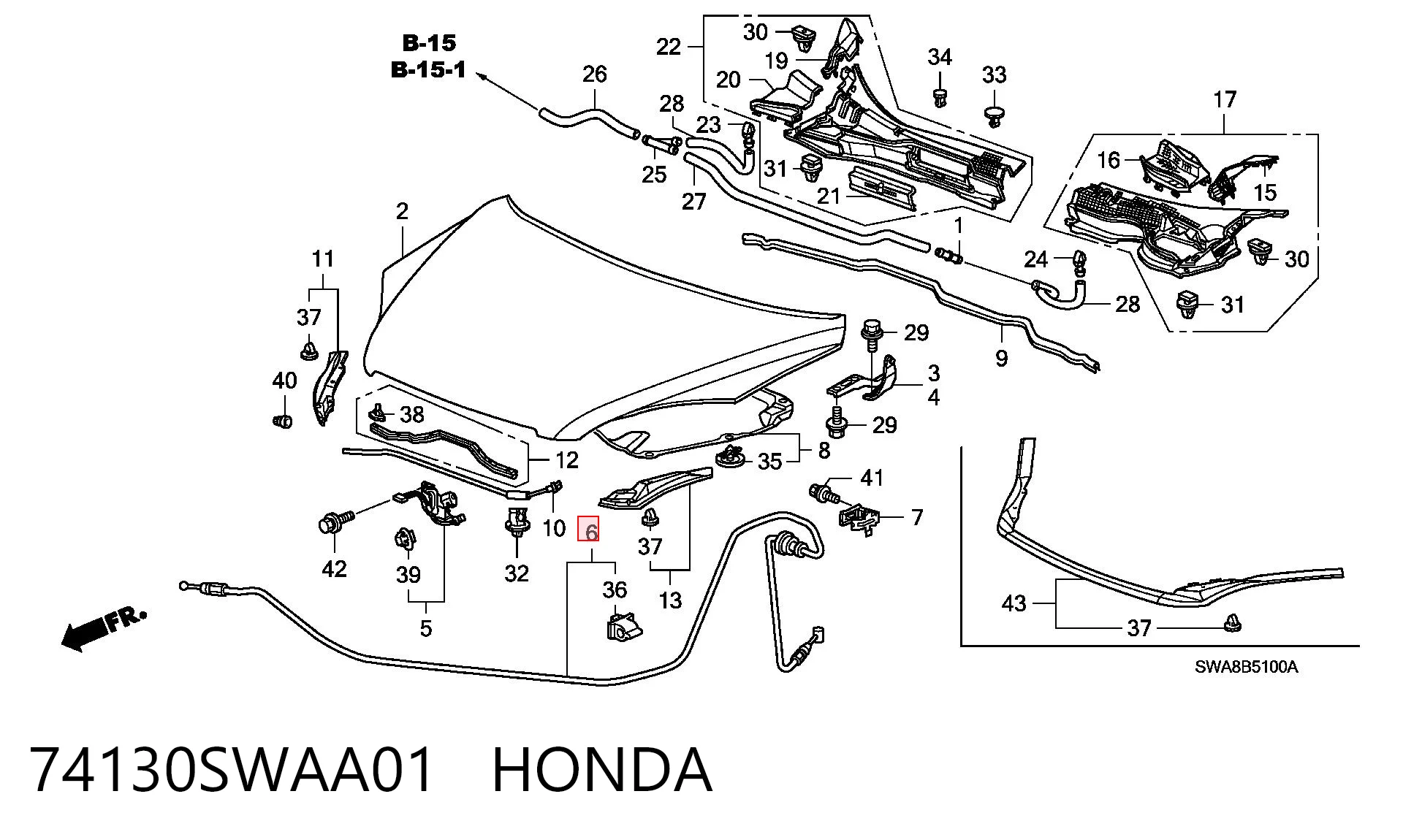 74130SWAA01 Honda Трос замка капота