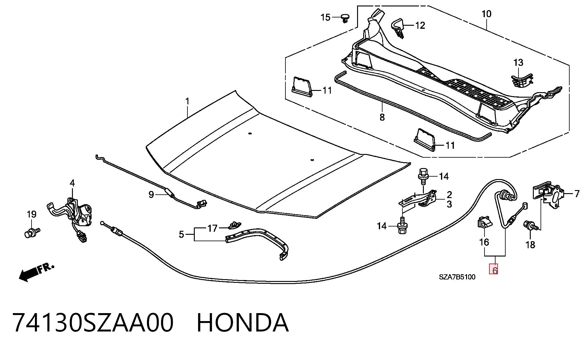 Трос замка капота на Honda Pilot II 