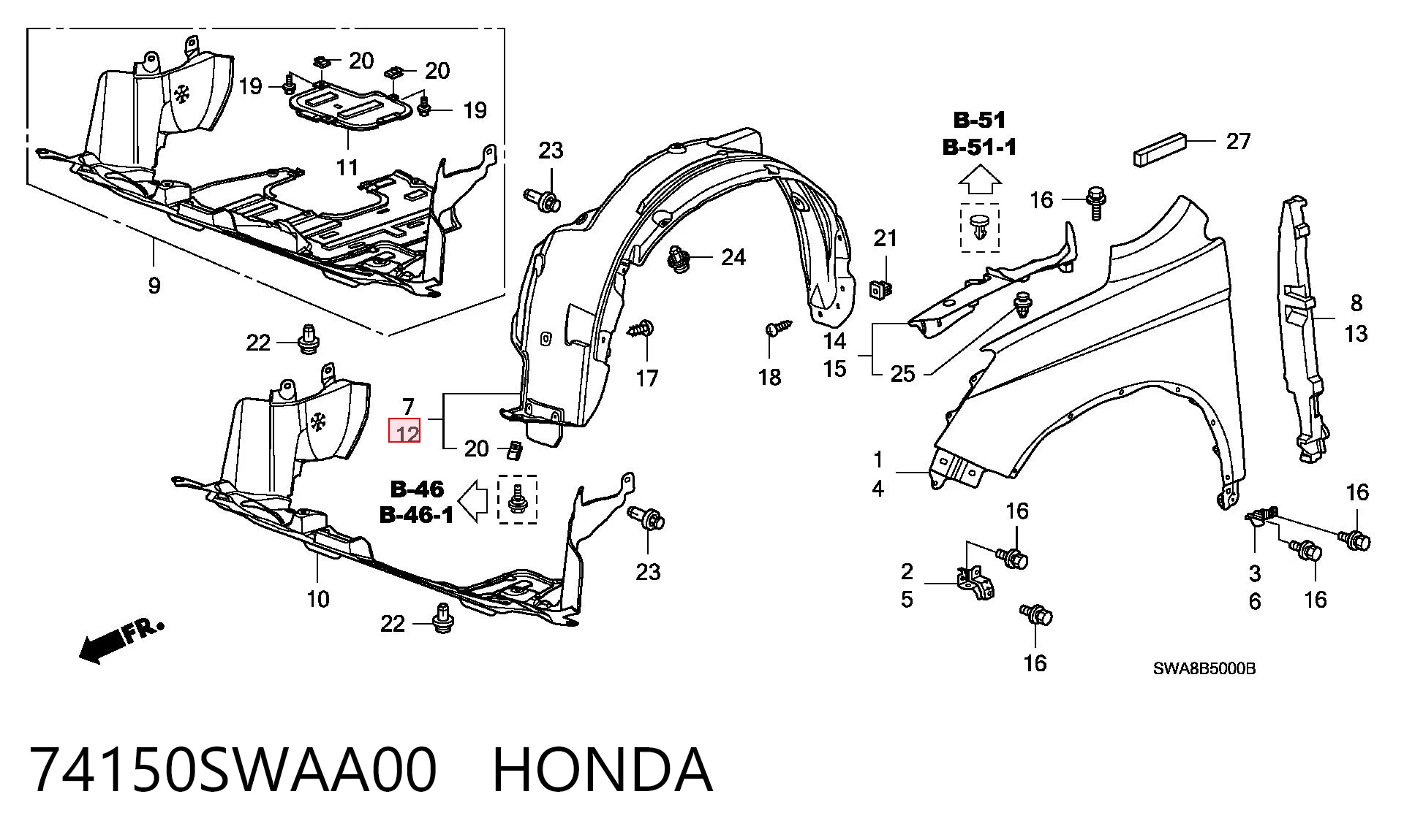 74150SWAA00 Honda Підкрилок переднього крила, лівий