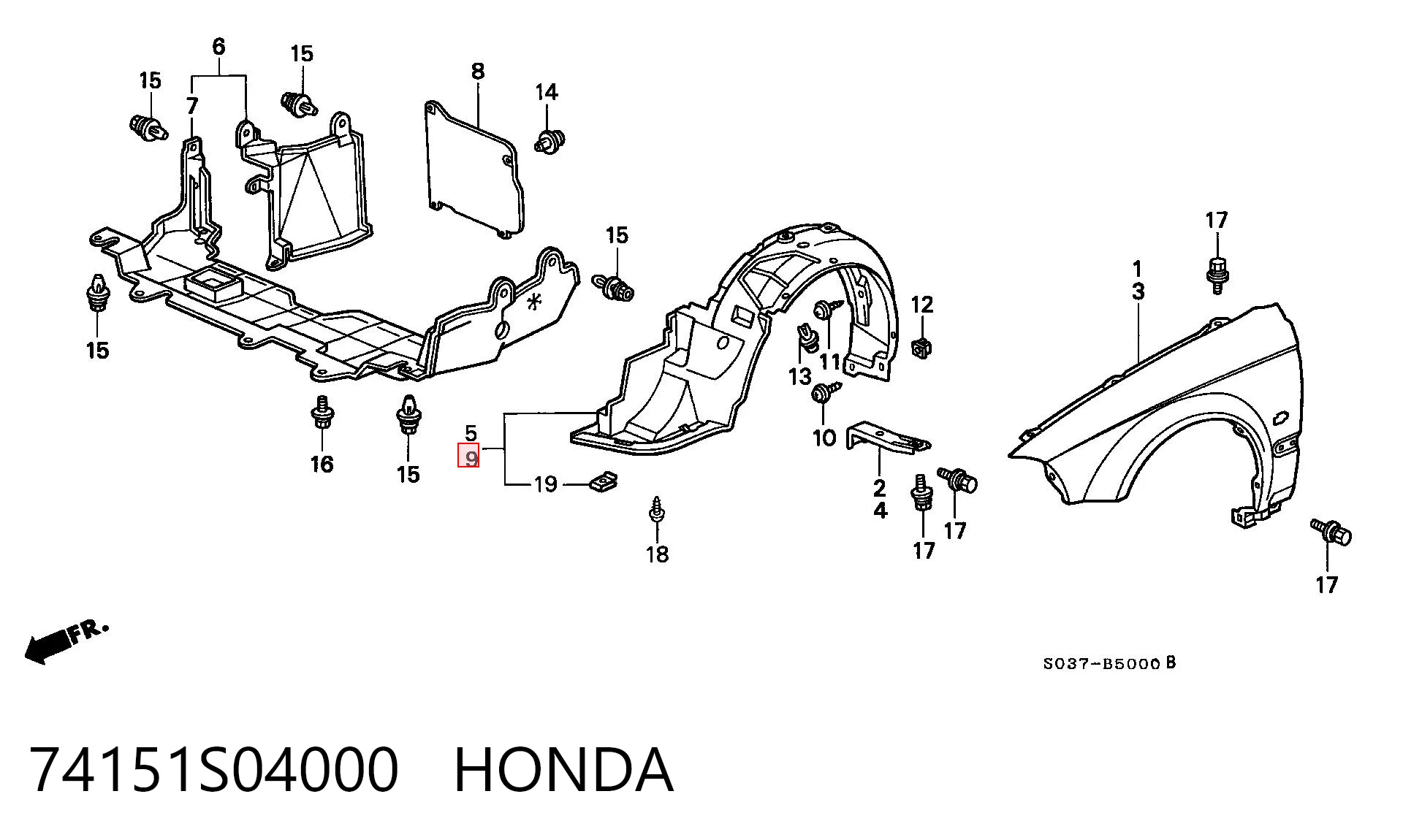 74151S04000 Honda Підкрилок переднього крила, лівий