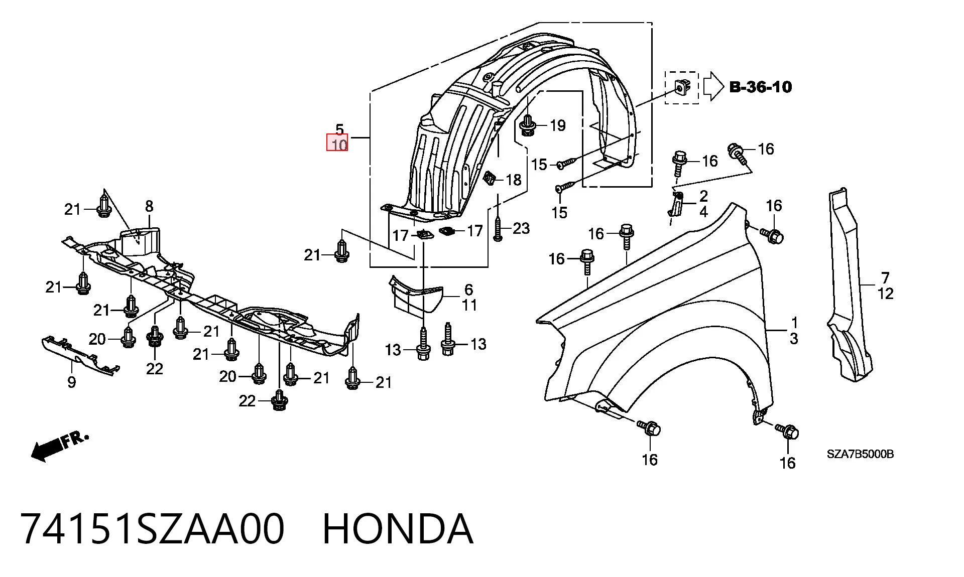 74151SZAA00 Honda Підкрилок переднього крила, лівий