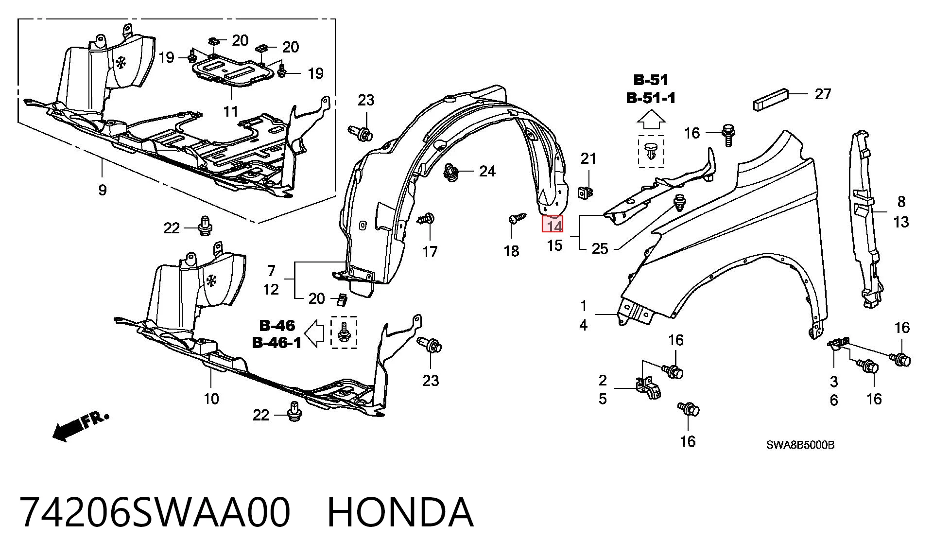 74206SWAA00 Honda Кронштейн кріплення крила переднього правого верхній