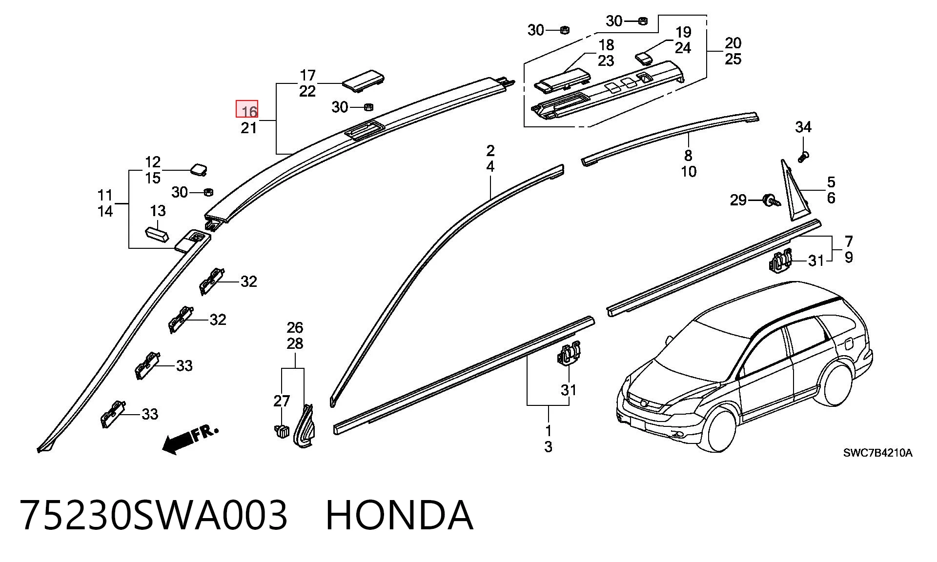 75230SWA003 Honda Молдинг даху, передній правий