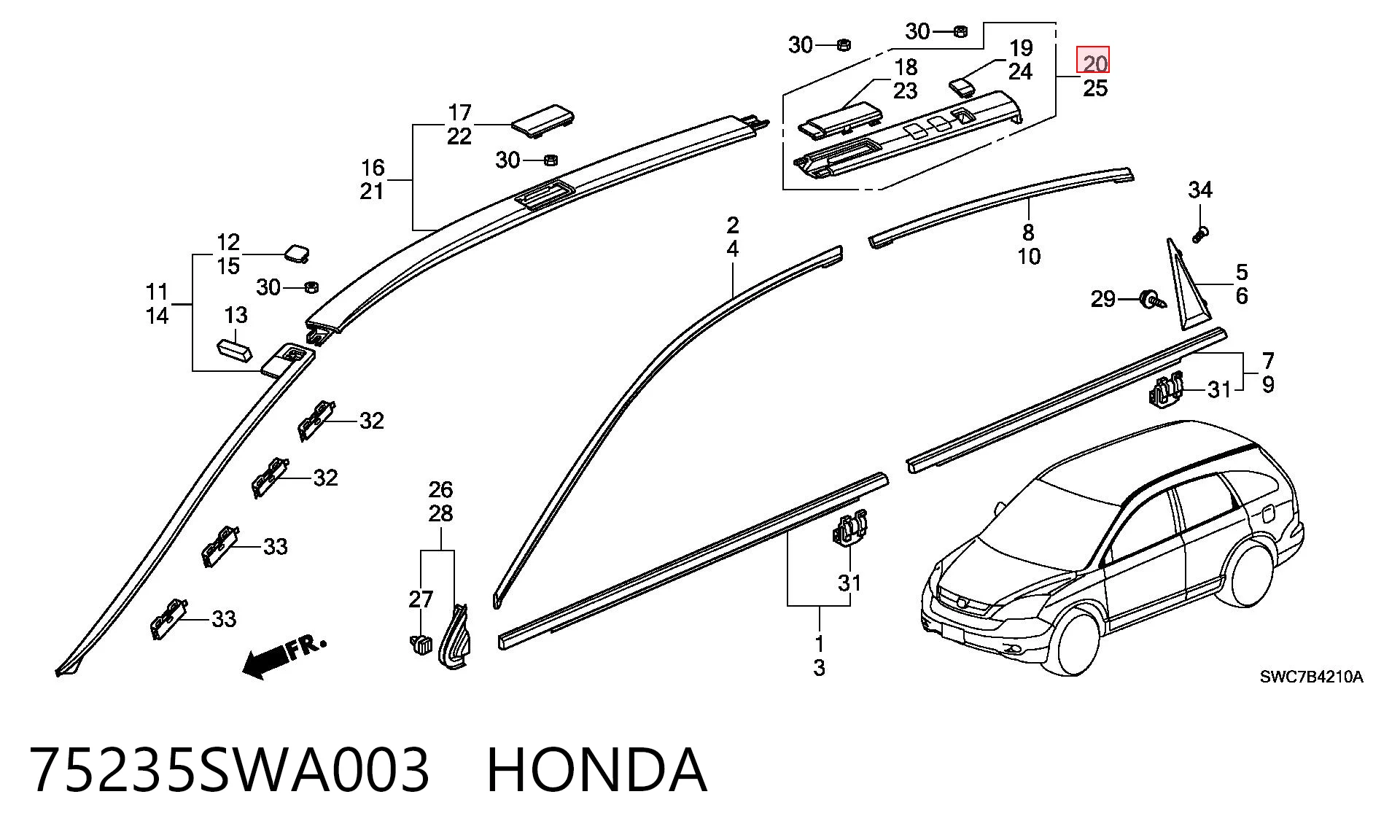 75235SWA003 Honda Молдинг даху, задній правий
