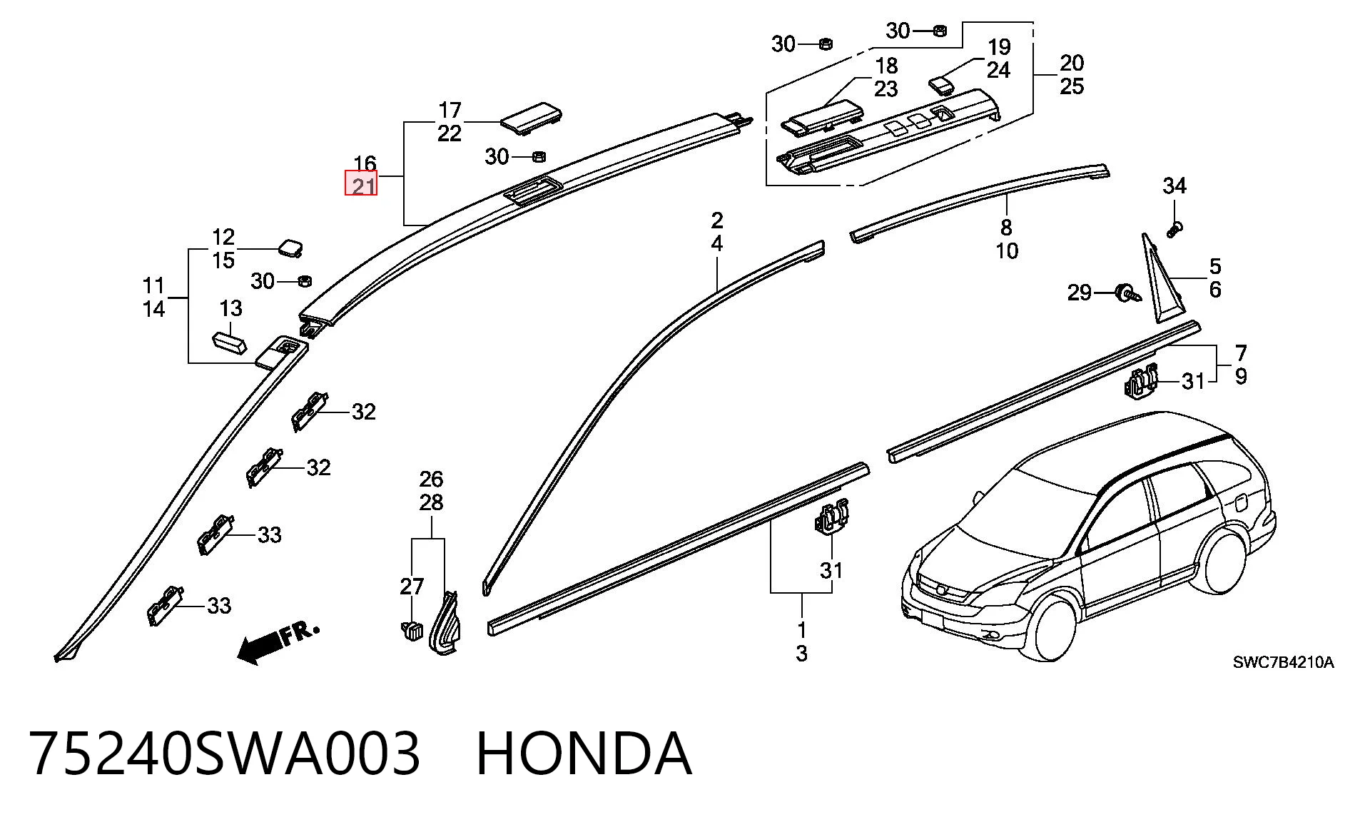 75240SWA003 Honda Молдинг даху, передній лівий