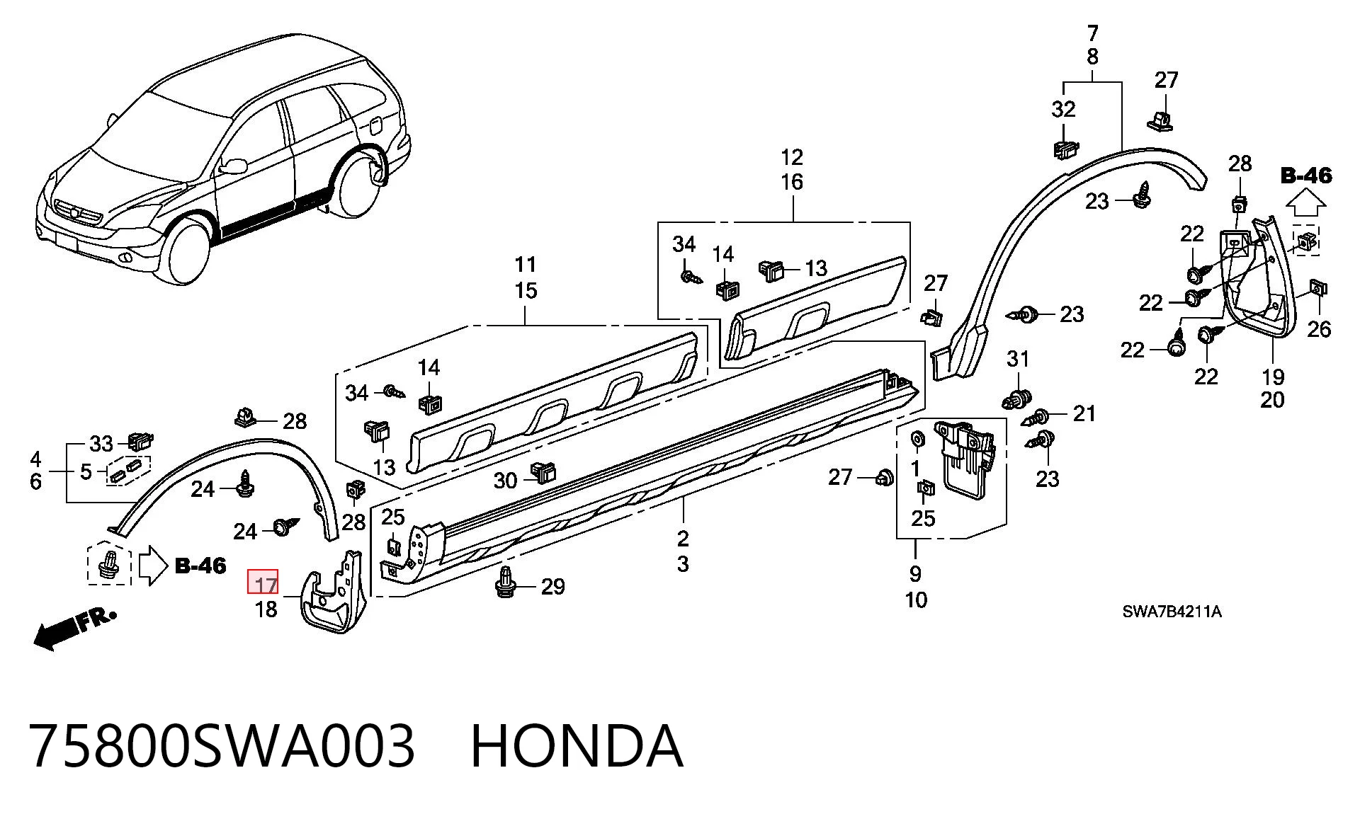 75800SWA003 Honda Бризговики передній, правий