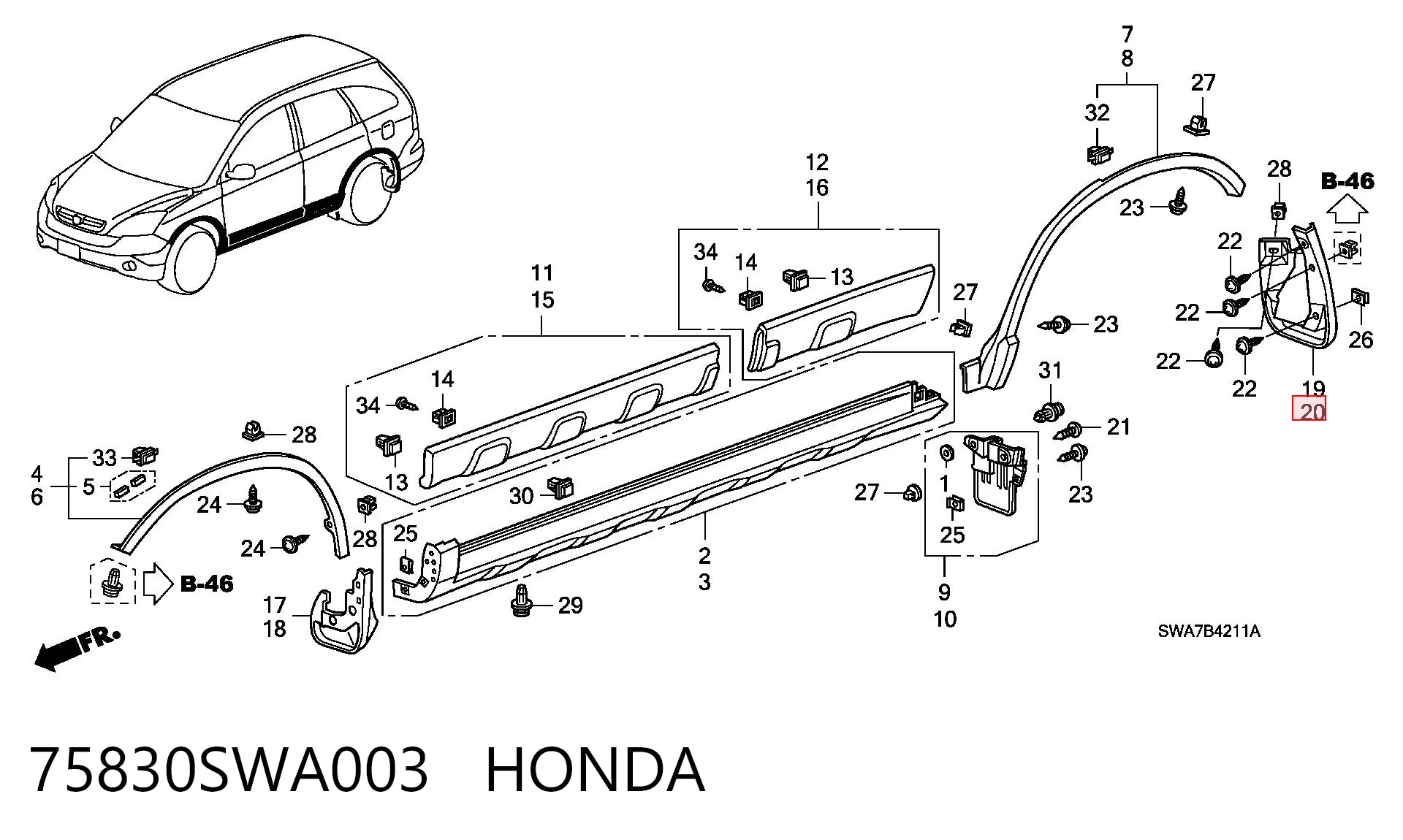 75830SWA003 Honda Бризговик задній, лівий