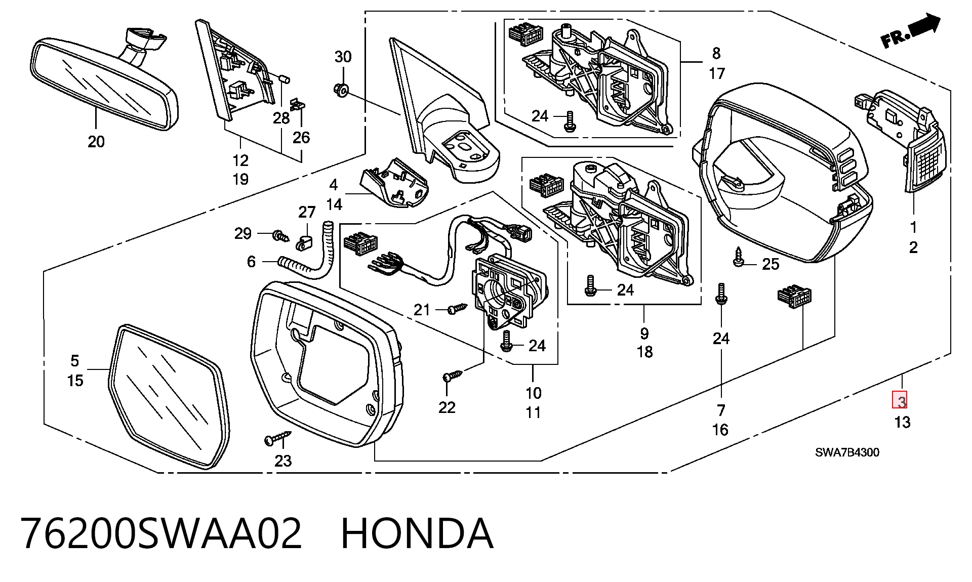 76200SWAA02 Honda Праве дзеркало заднього виду