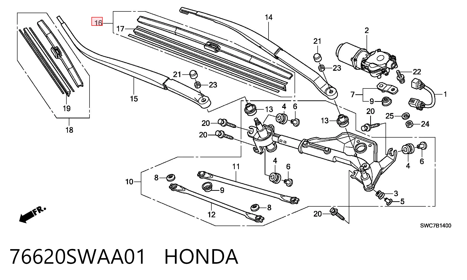 76620SWAA01 Honda Щітка склоочисника лобового скла, водійська