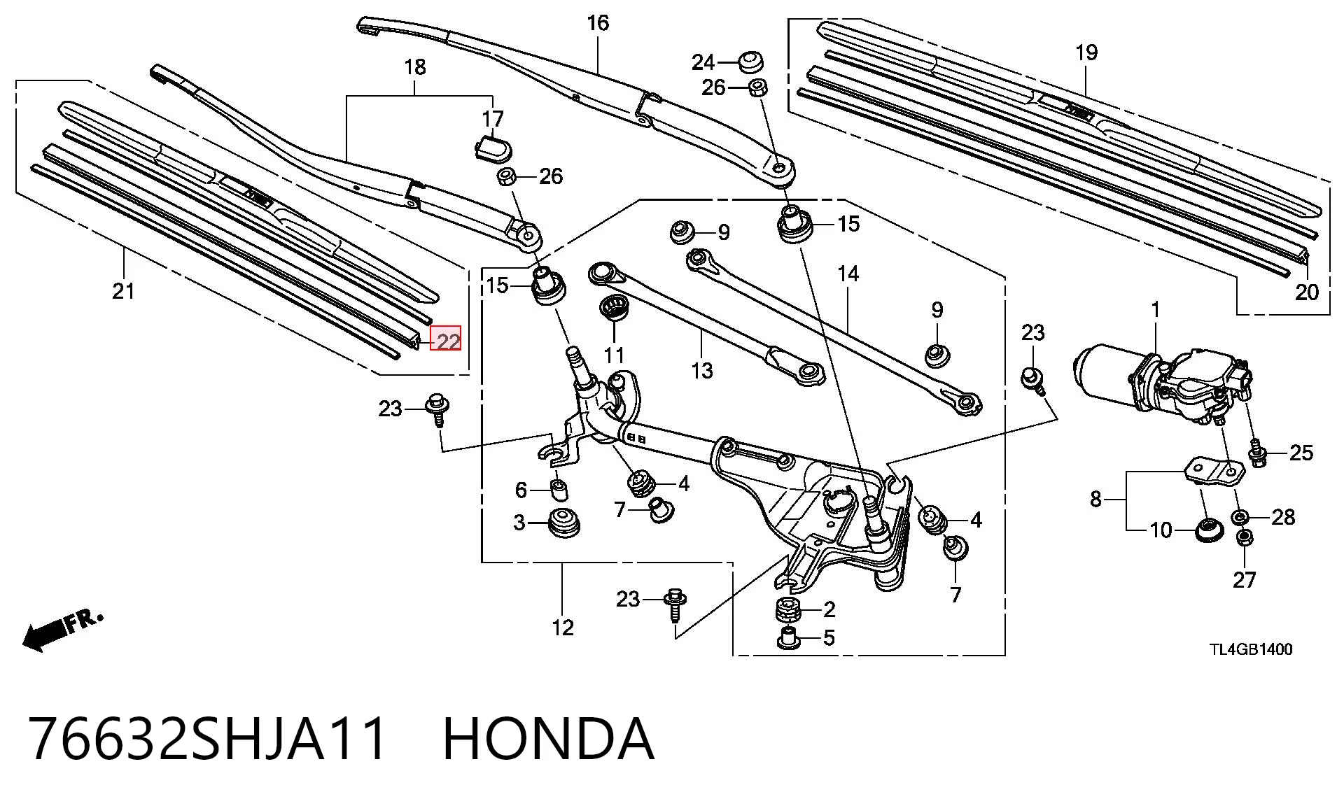 76632SHJA11 Honda Гумка склоочисника пасажирська