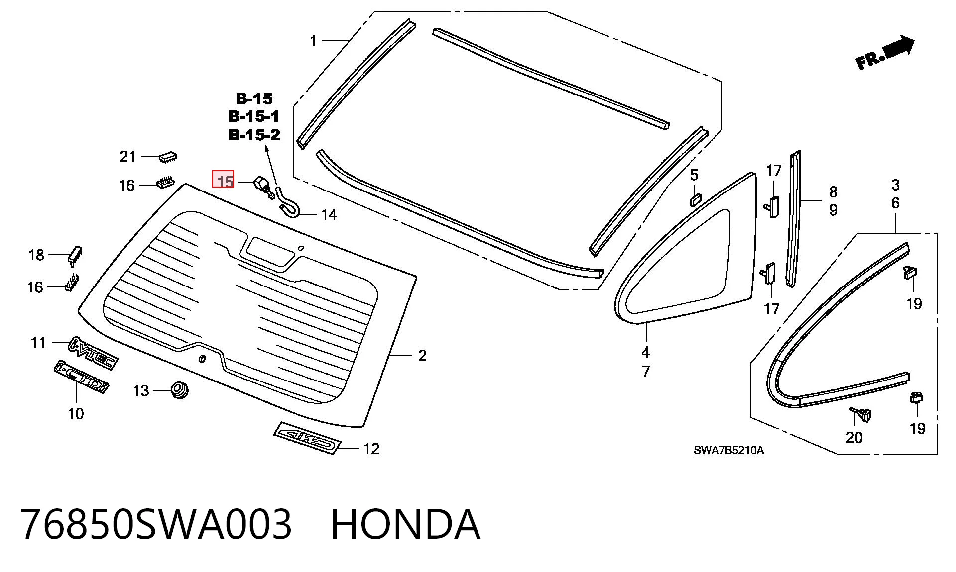 76850SWA003 Honda Омивач скла дверей задка