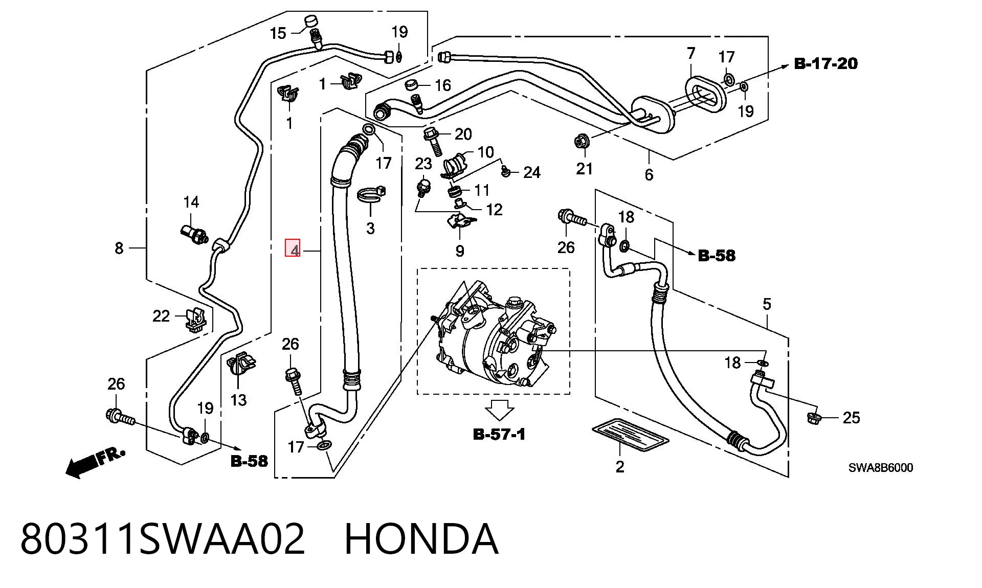 80311SWAA02 Honda Шланг кондиціонера, від випарника до компресора