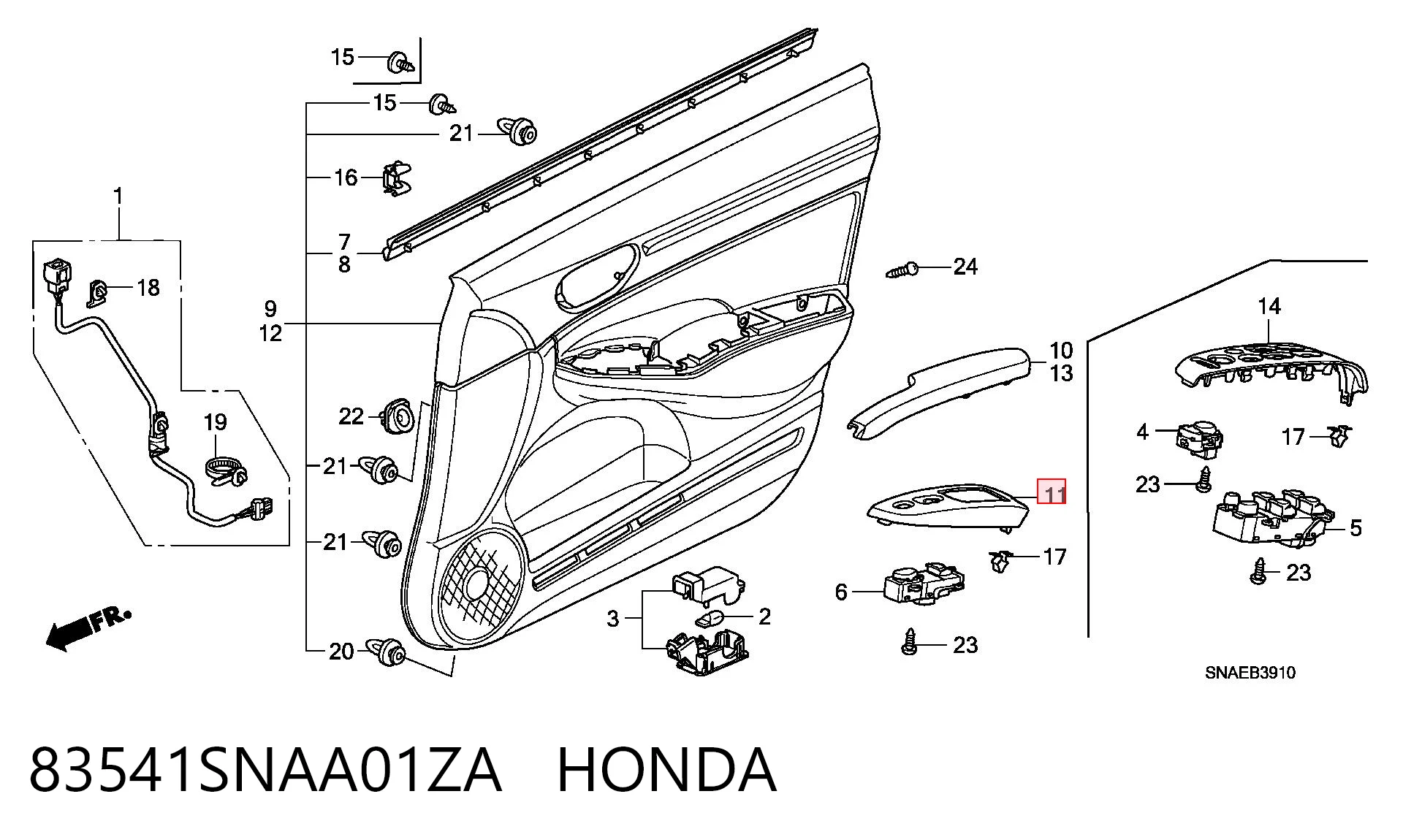 83541SNAA01ZA Honda Панель-накладка блока керування склопідйомника, передній правий