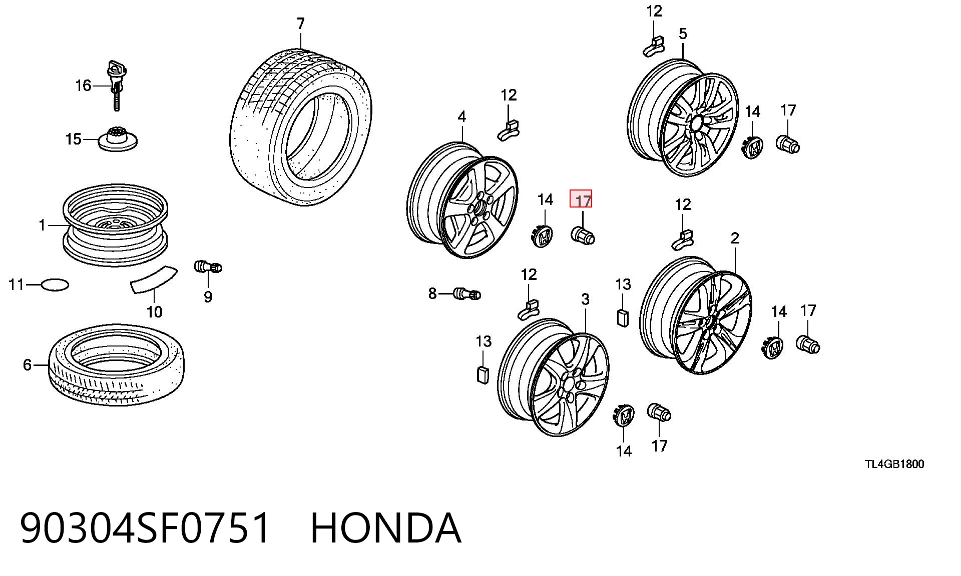 90304SF0751 Honda Гайка колеса