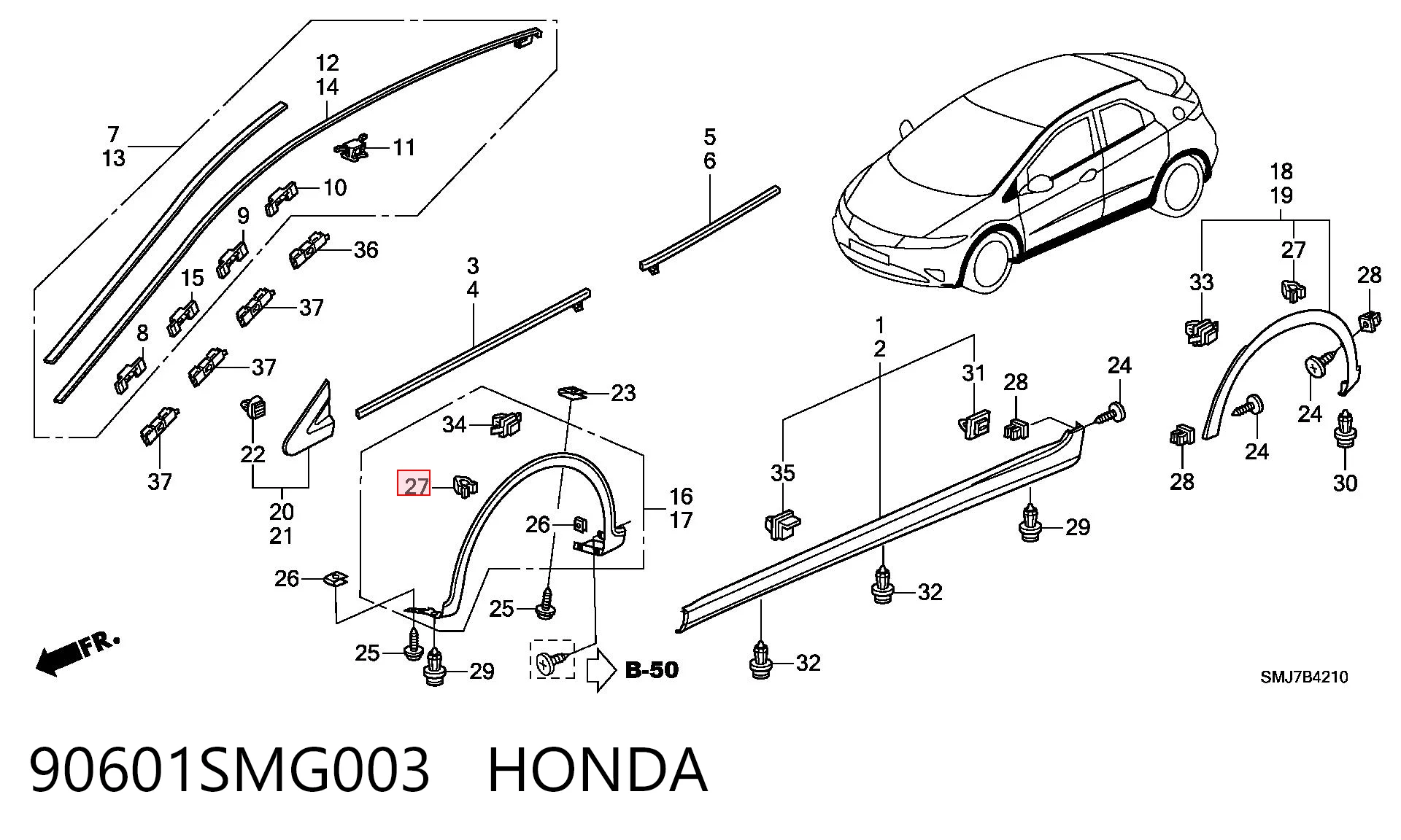 90601SMG003 Honda Кліпса молдингу крила