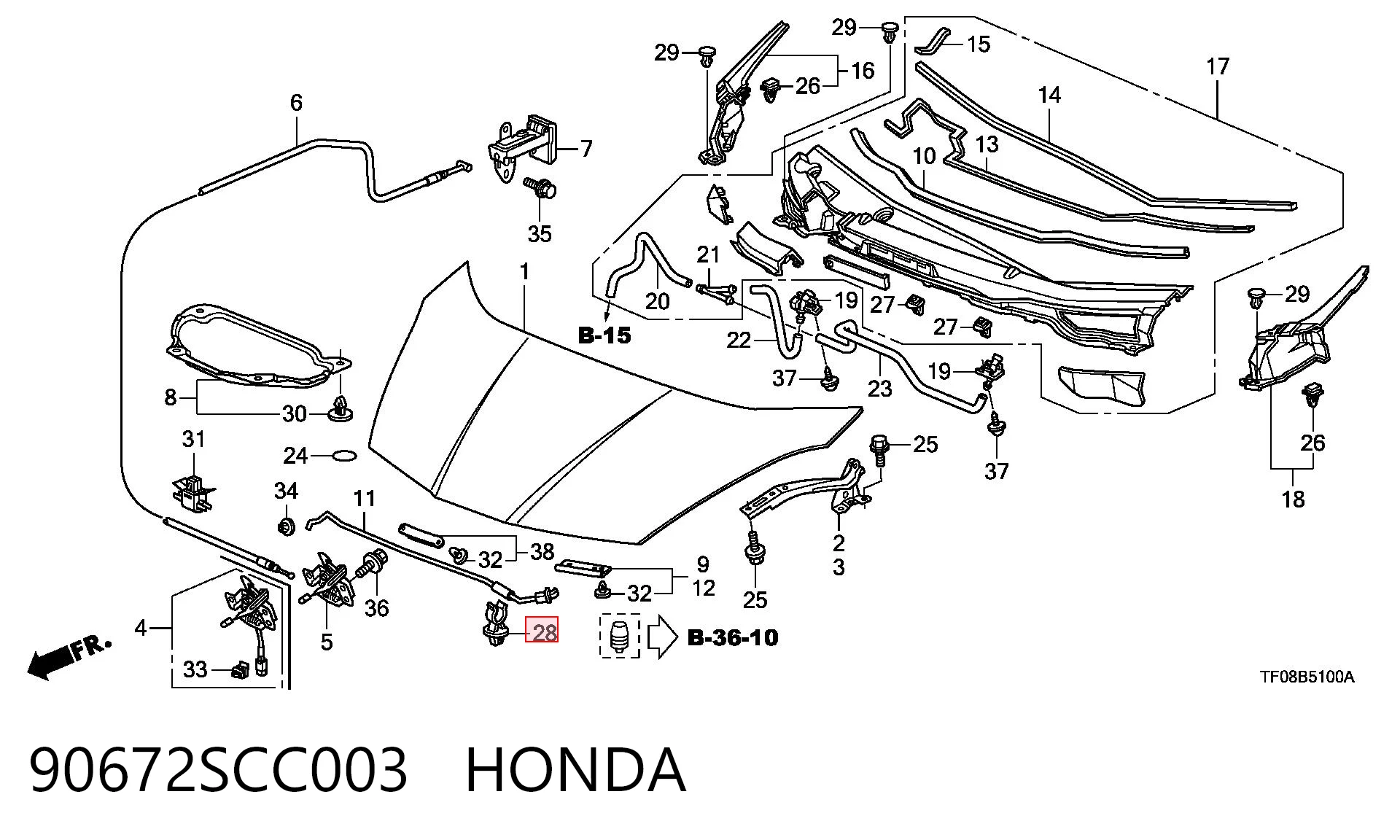 90672SCC003 Honda Фіксатор підпори капота