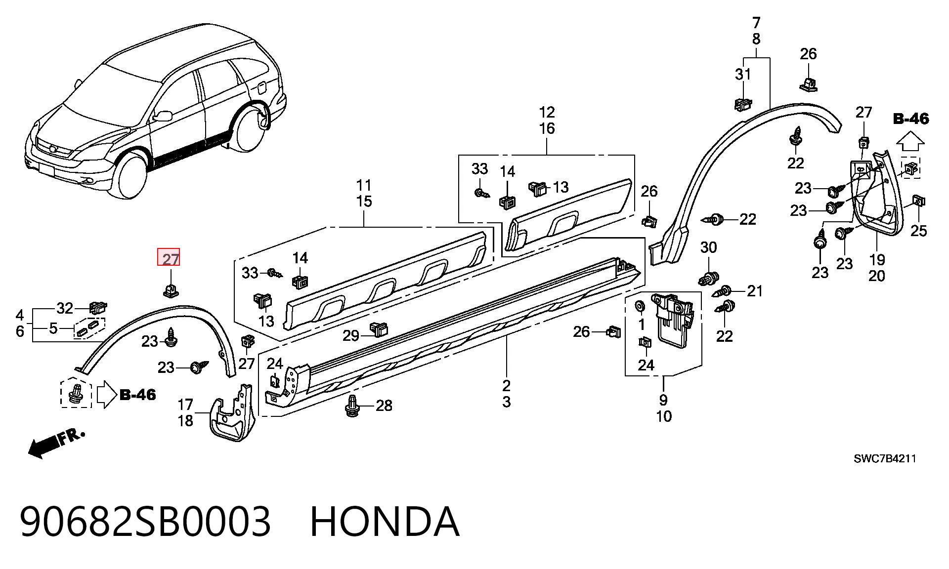 90682SB0003 Honda Пістон (кліп) кріплення підкрилки переднього крила