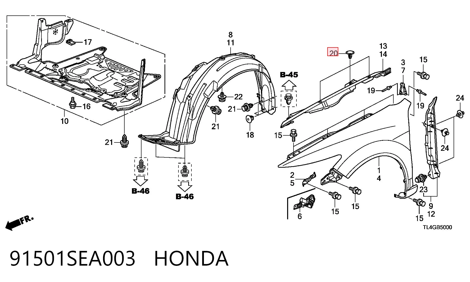91501SEA003 Honda Пістон (кліп) кріплення підкрилки переднього крила