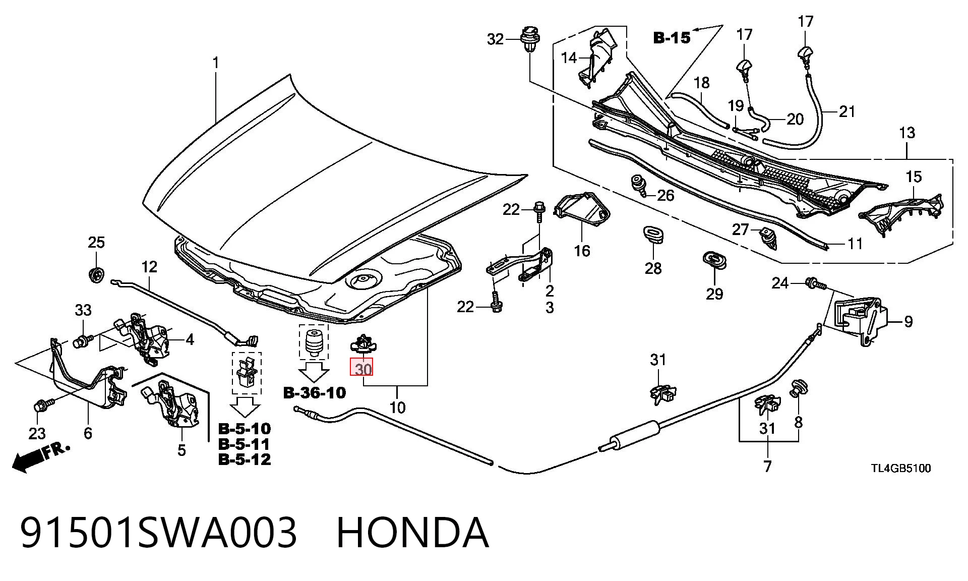 91501SWA003 Honda Кліпса термоізоляції капота