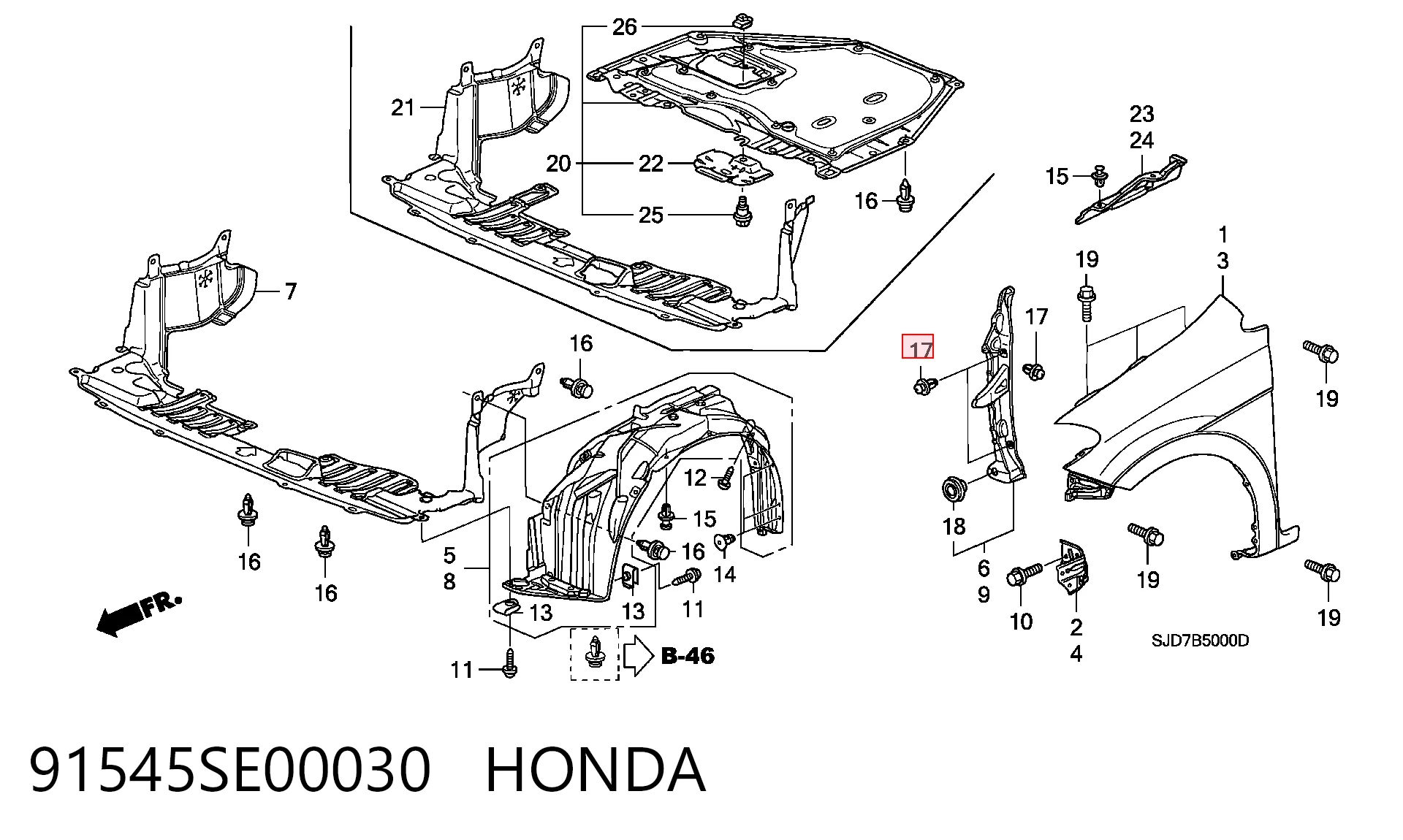 91545SE00030 Honda Кліпса бампера переднього