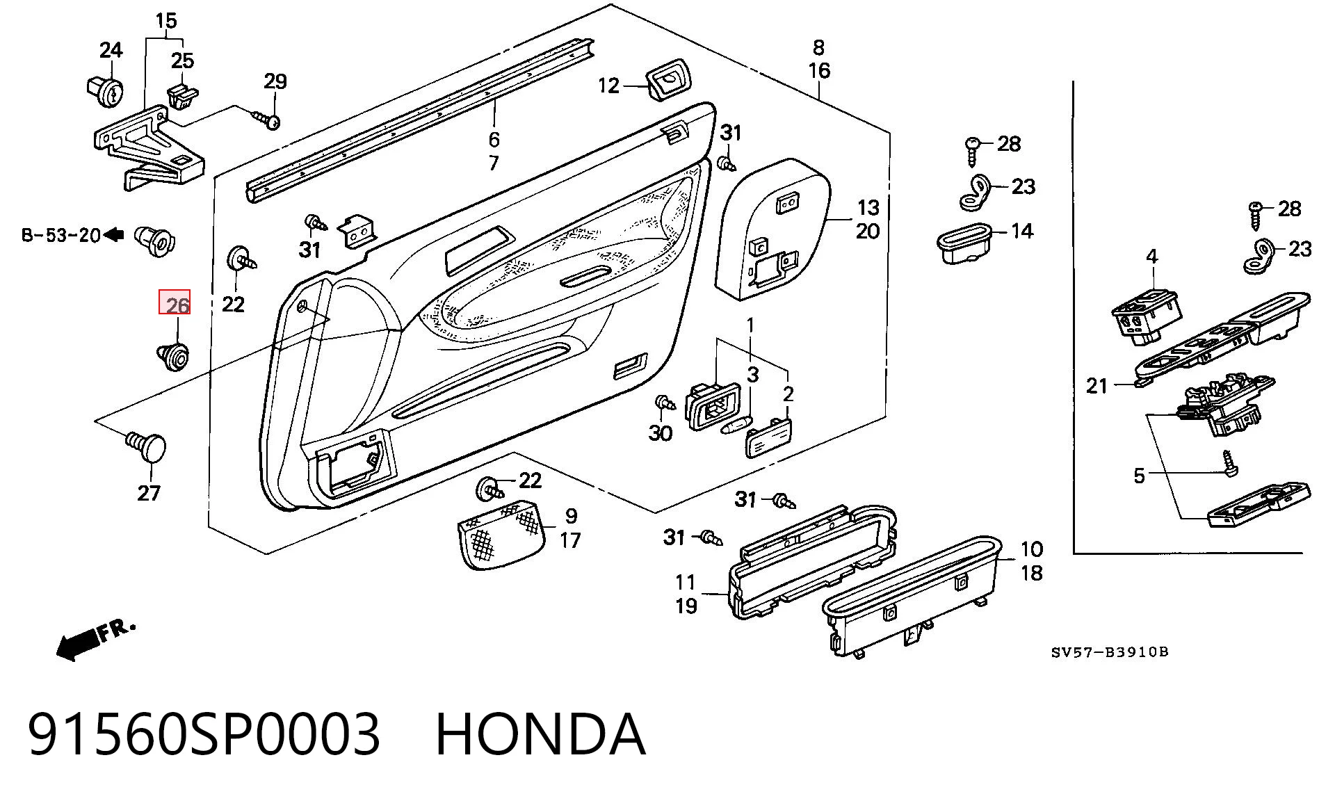 91560SP0003 Honda Пістон (кліп) кріплення обшивки дверей