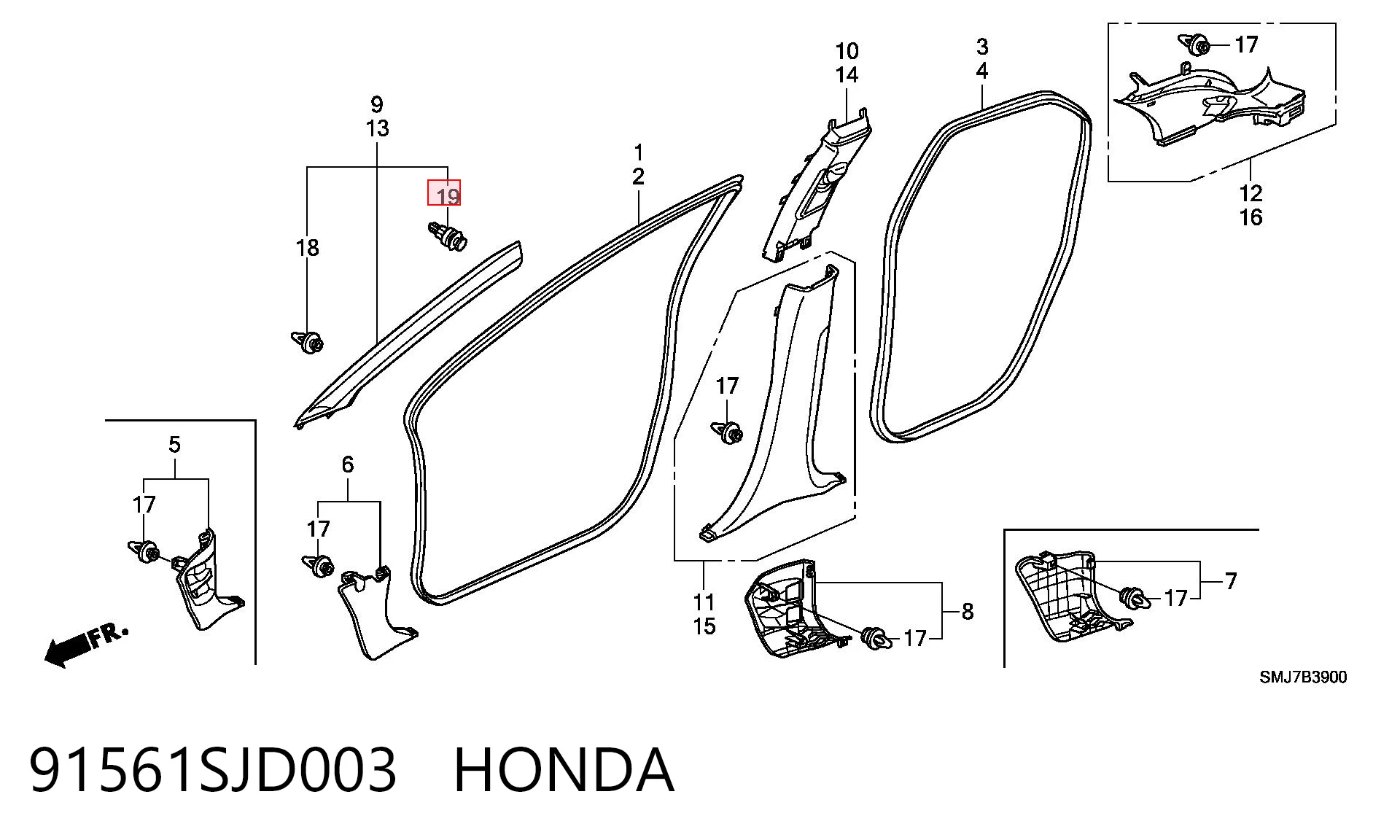 91561SJD003 Honda Пістон (кліп) кріплення підкрилки переднього крила
