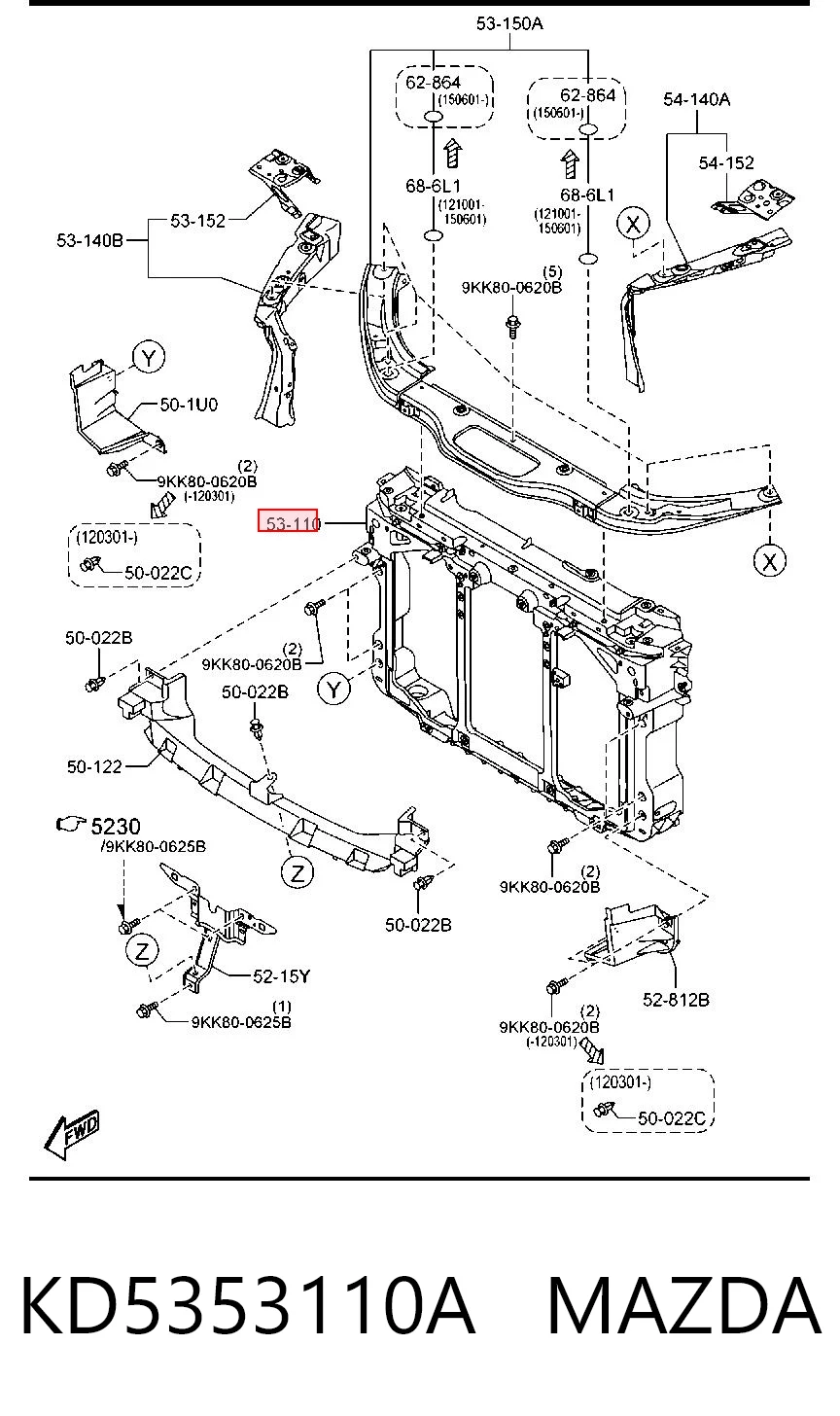 KD5353110A Mazda Супорт радіатора вертикальний/монтажна панель кріплення фар