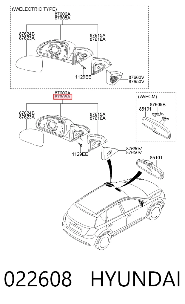 022608 Hyundai/Kia Дзеркало заднього виду, ліве