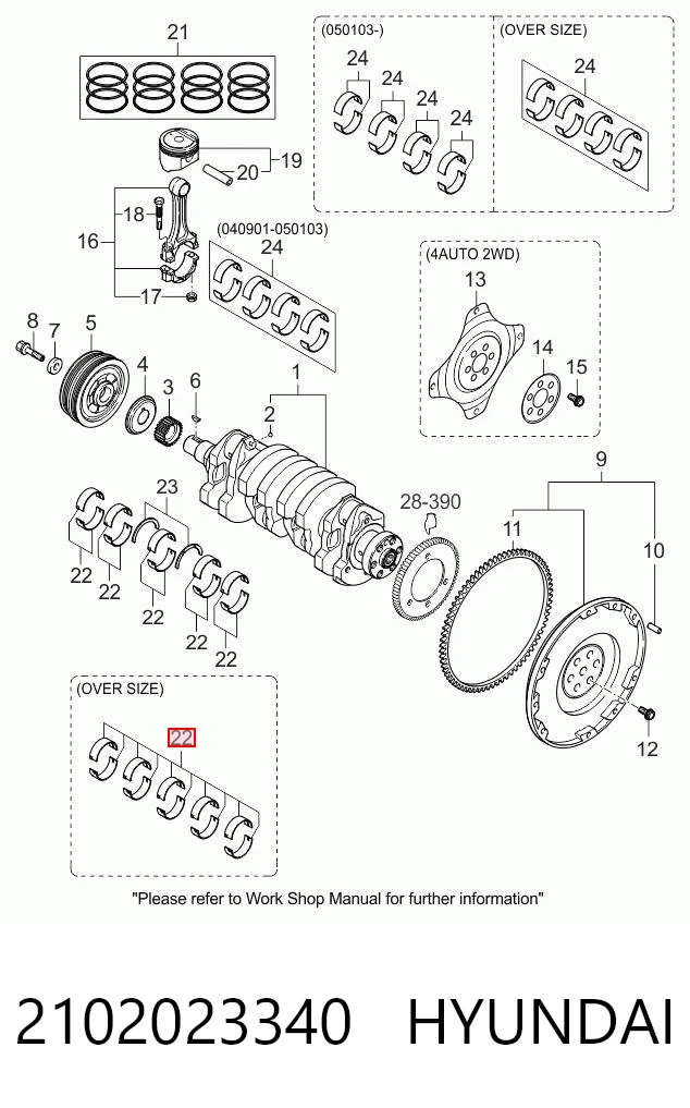 2102023340 Hyundai/Kia Вкладиші колінвала, корінні, комплект, стандарт (STD)
