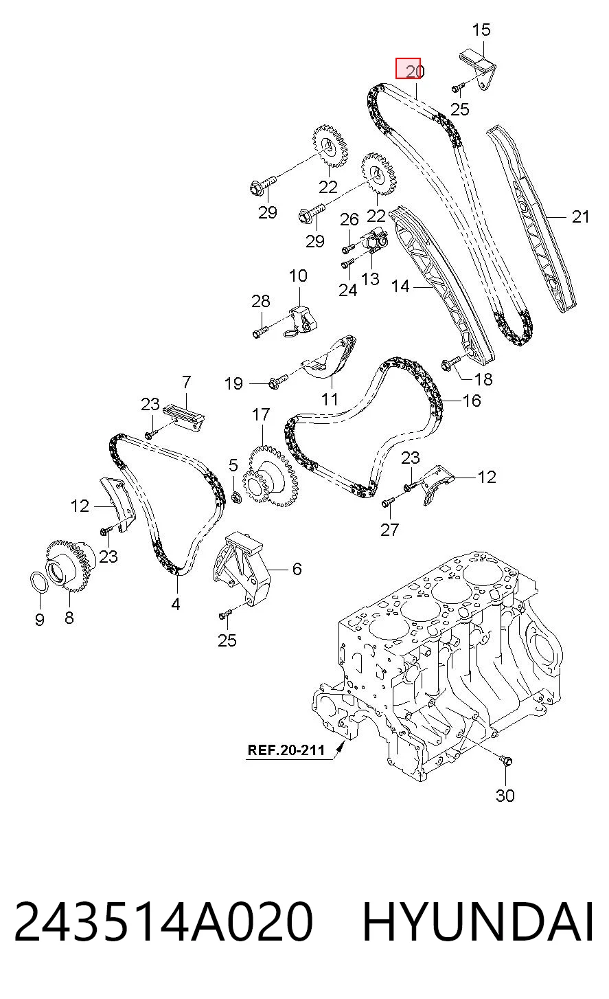 243514A020 Hyundai/Kia Ланцюг ГРМ, верхня