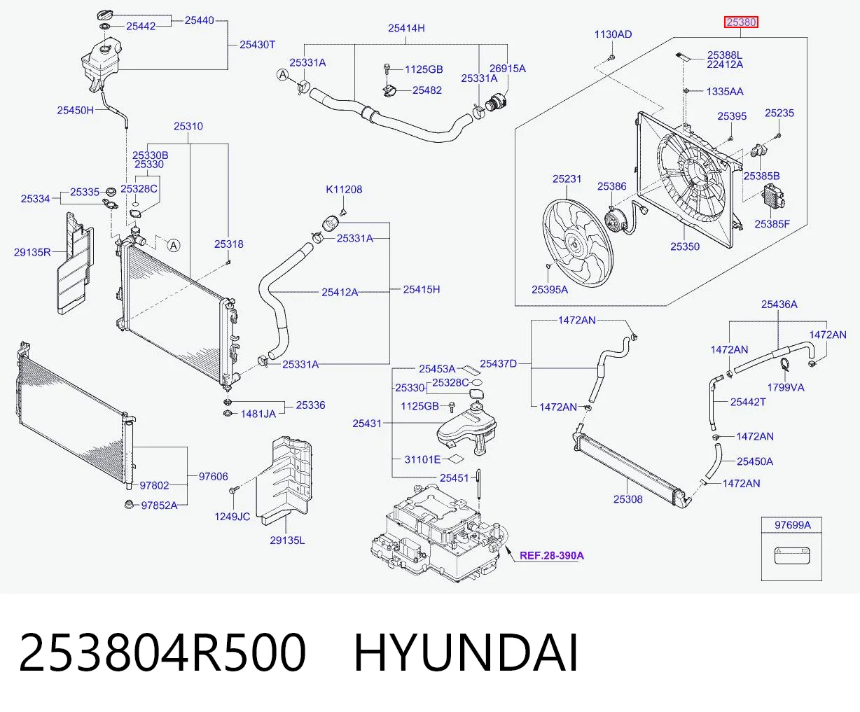 253804R500 Hyundai/Kia Дифузор радіатора охолодження, в зборі з мотором і крильчаткою
