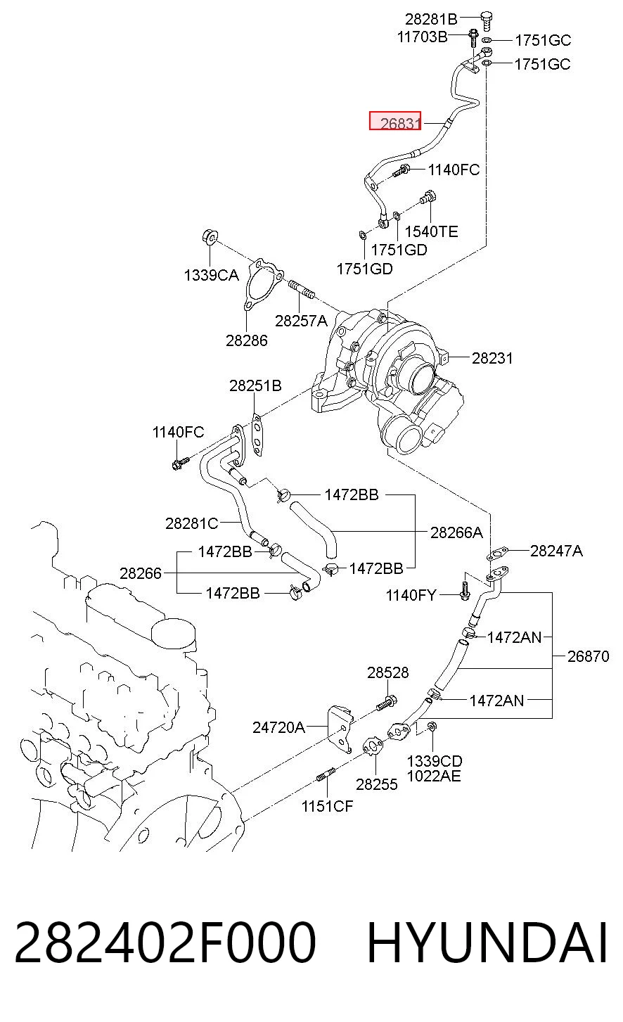 282402F000 Hyundai/Kia Трубка/шланг подачі масла до турбіни